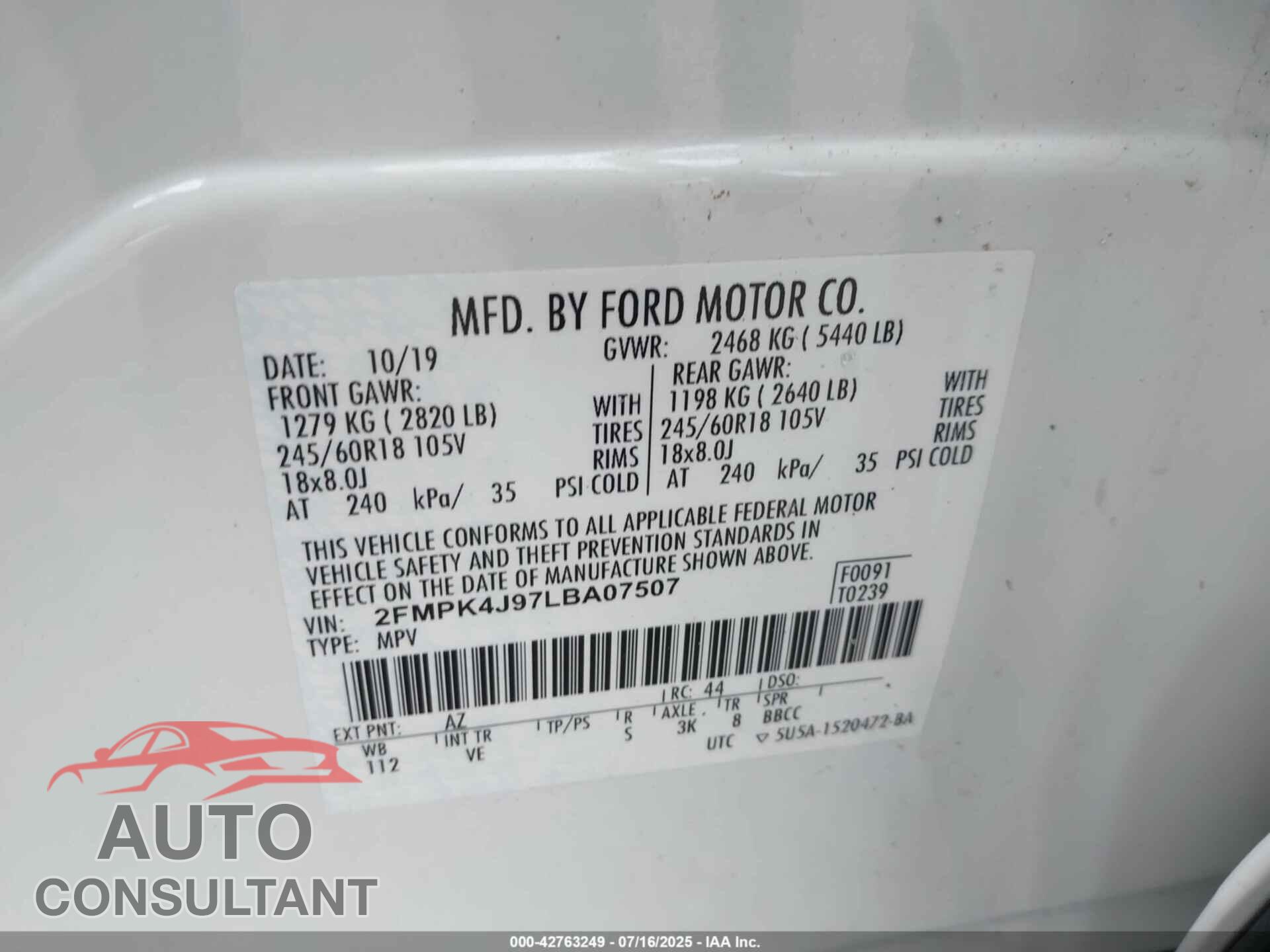 FORD EDGE 2020 - 2FMPK4J97LBA07507