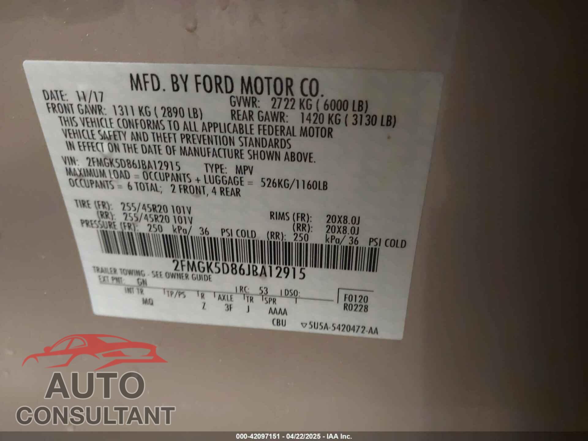 FORD FLEX 2018 - 2FMGK5D86JBA12915