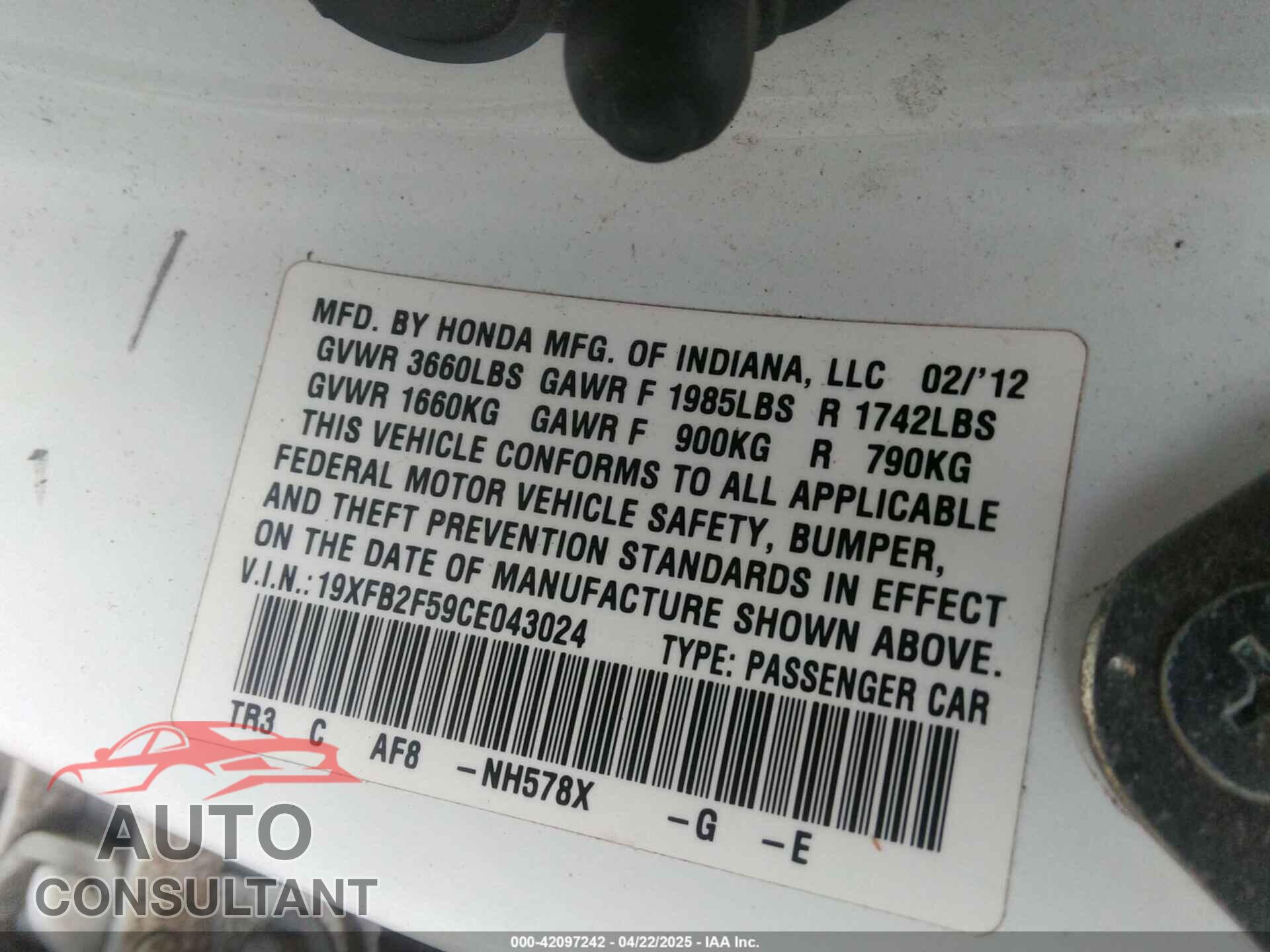 HONDA CIVIC 2012 - 19XFB2F59CE043024