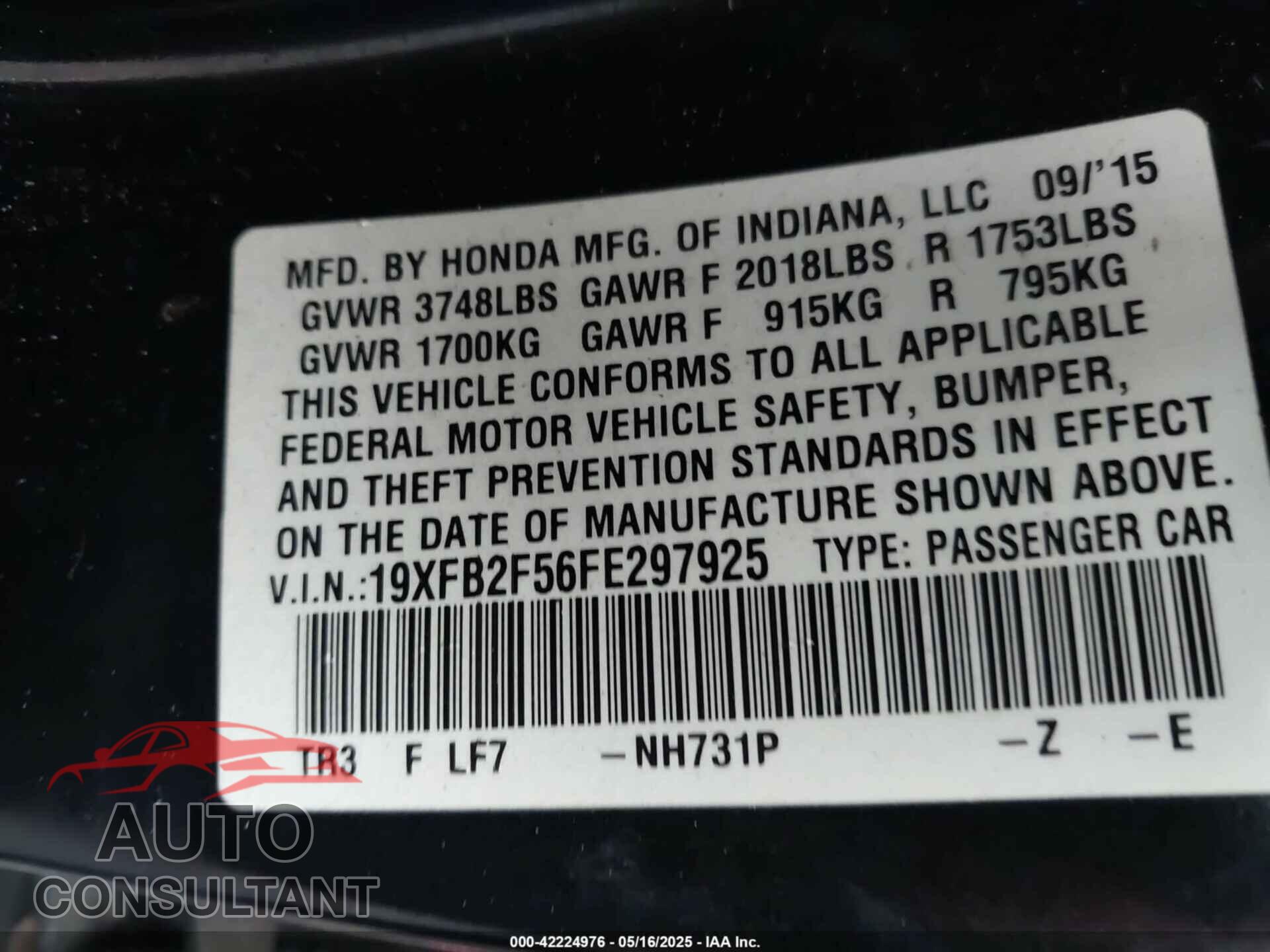 HONDA CIVIC 2015 - 19XFB2F56FE297925