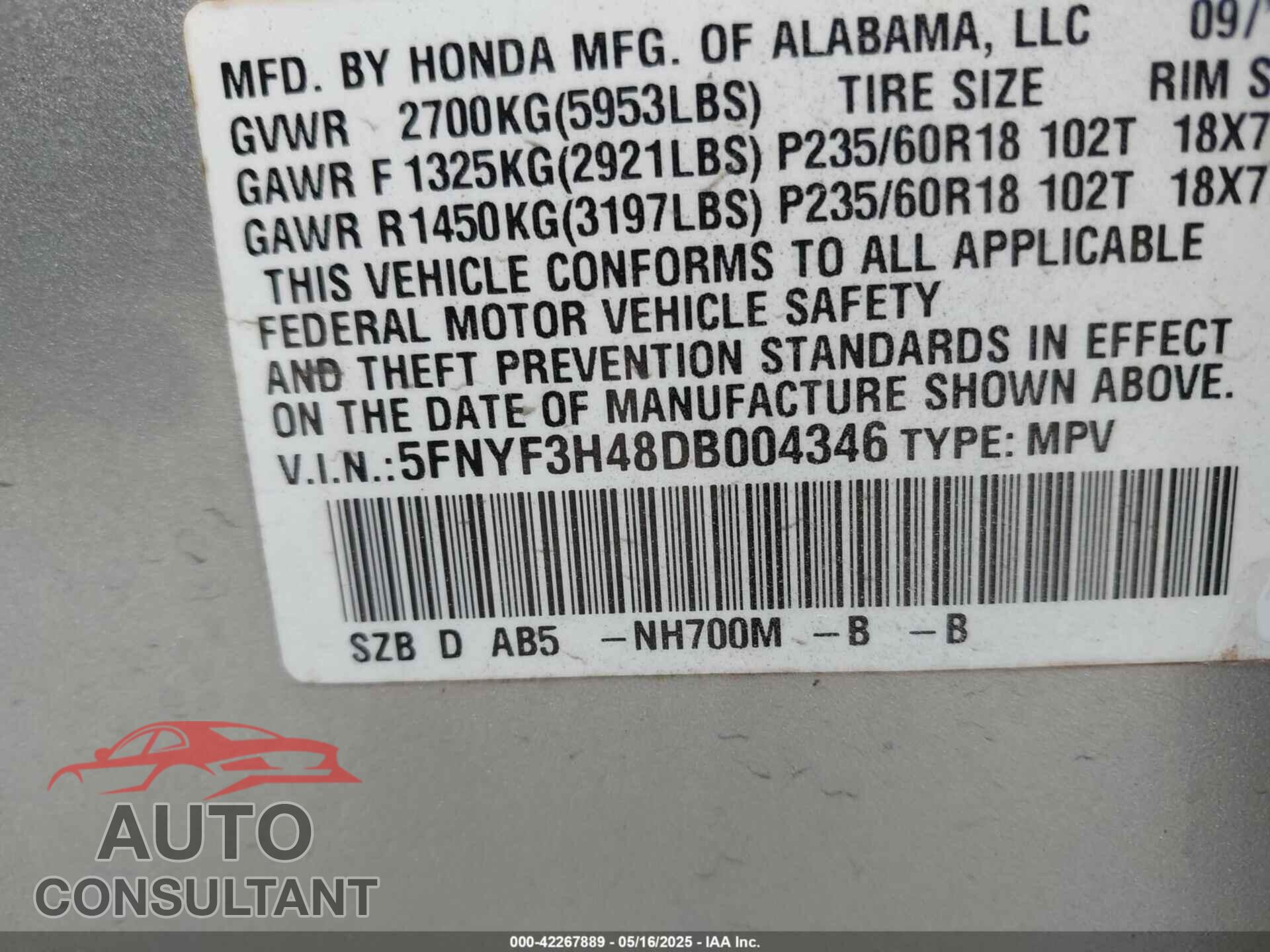 HONDA PILOT 2013 - 5FNYF3H48DB004346