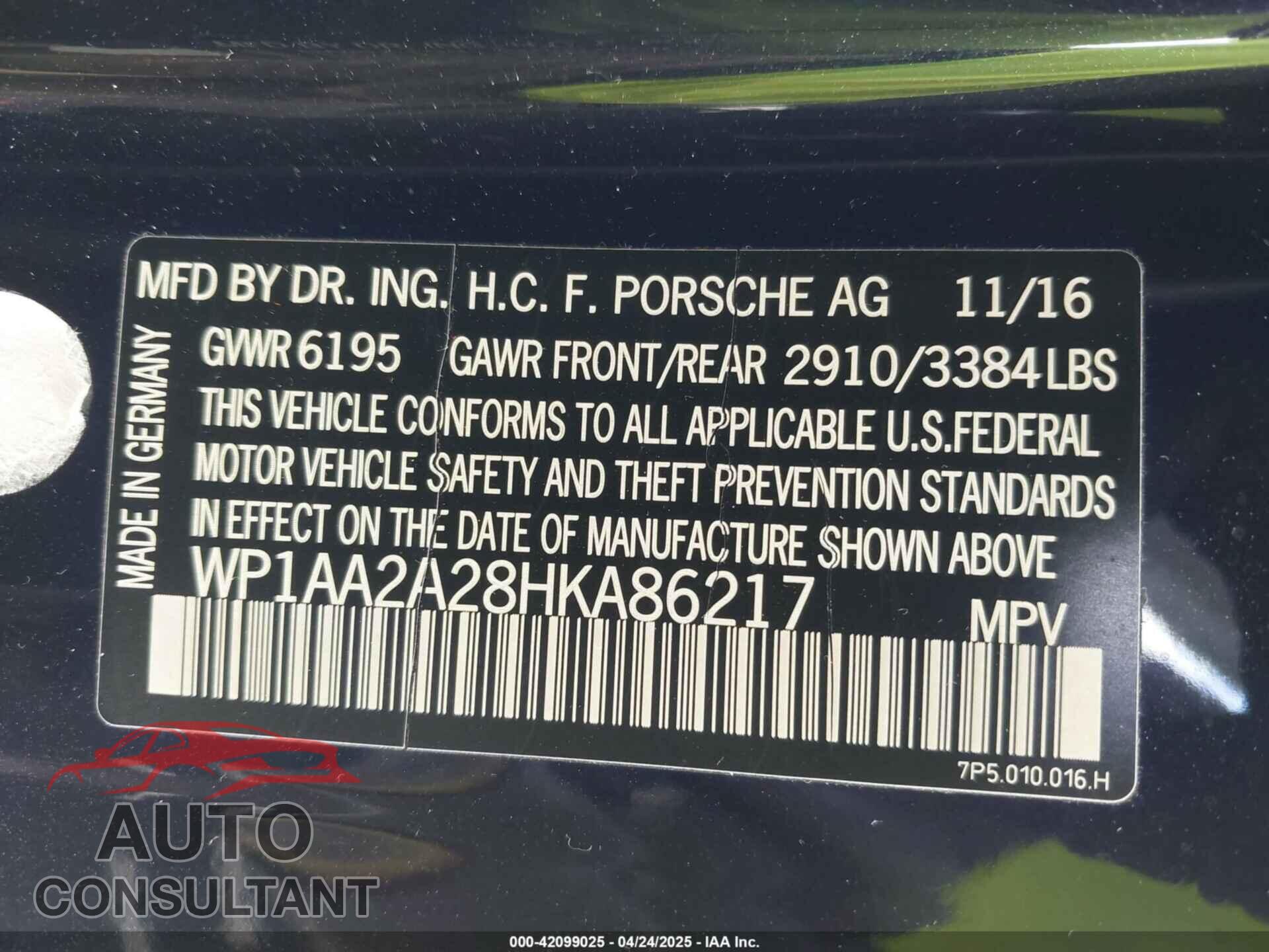 PORSCHE CAYENNE 2017 - WP1AA2A28HKA86217