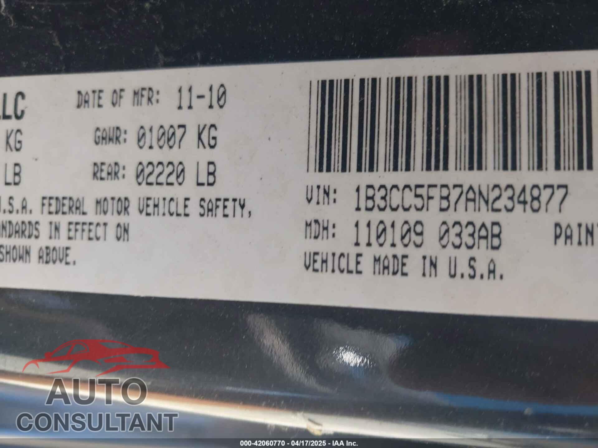 DODGE AVENGER 2010 - 1B3CC5FB7AN234877