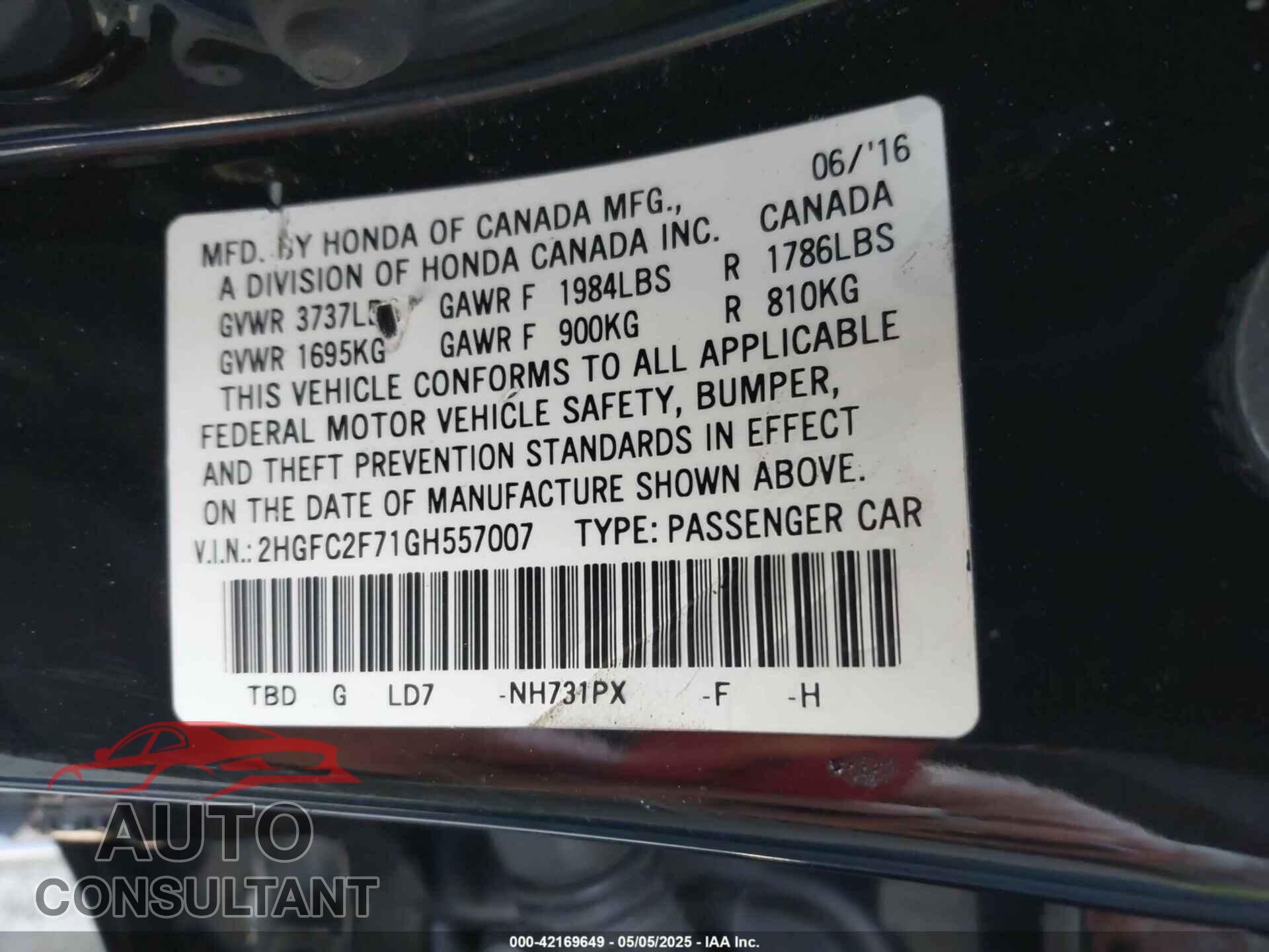 HONDA CIVIC 2016 - 2HGFC2F71GH557007