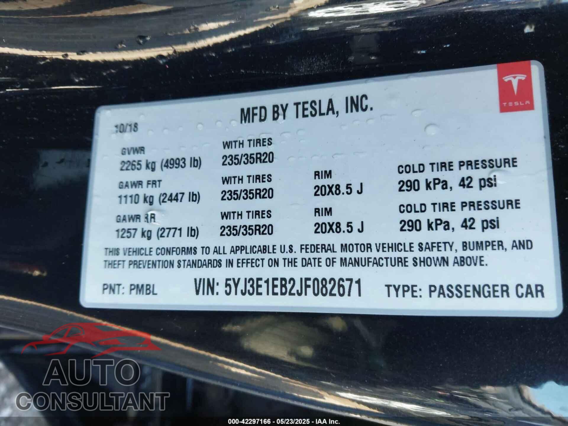 TESLA MODEL 3 2018 - 5YJ3E1EB2JF082671