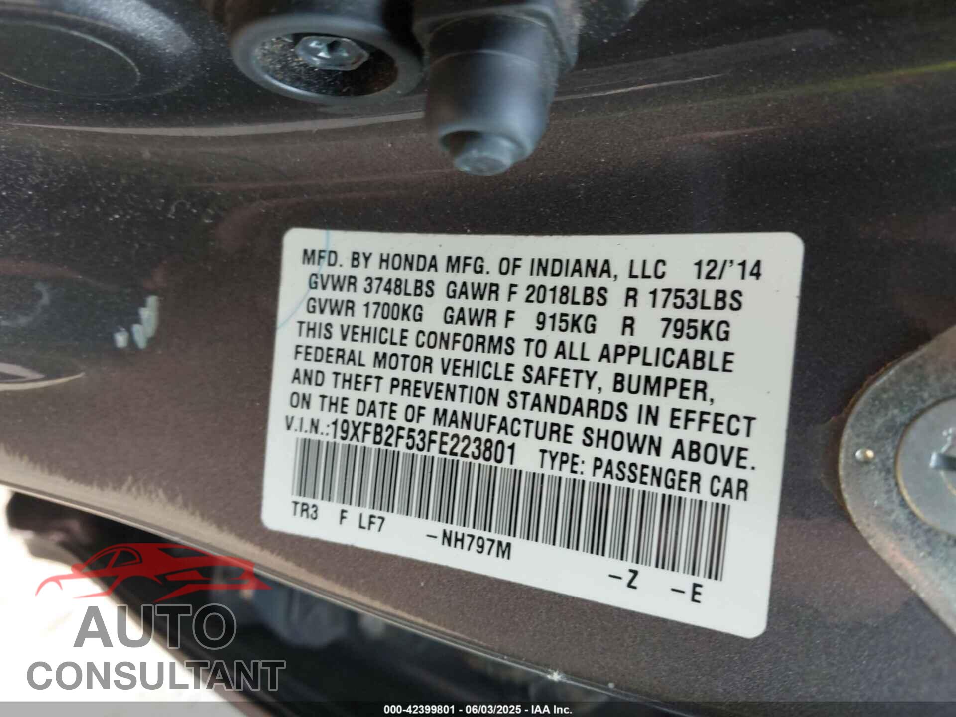 HONDA CIVIC 2015 - 19XFB2F53FE223801