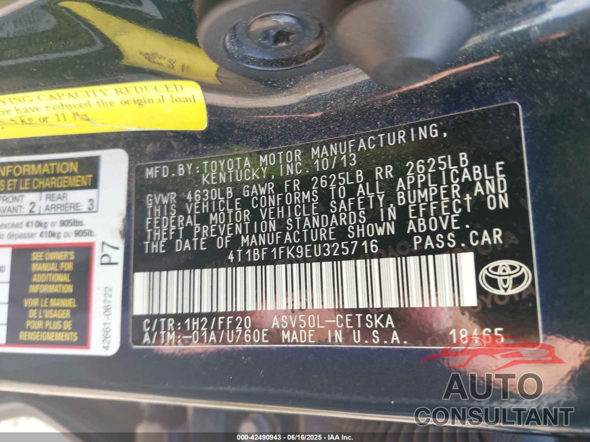 TOYOTA CAMRY 2014 - 4T1BF1FK9EU325716