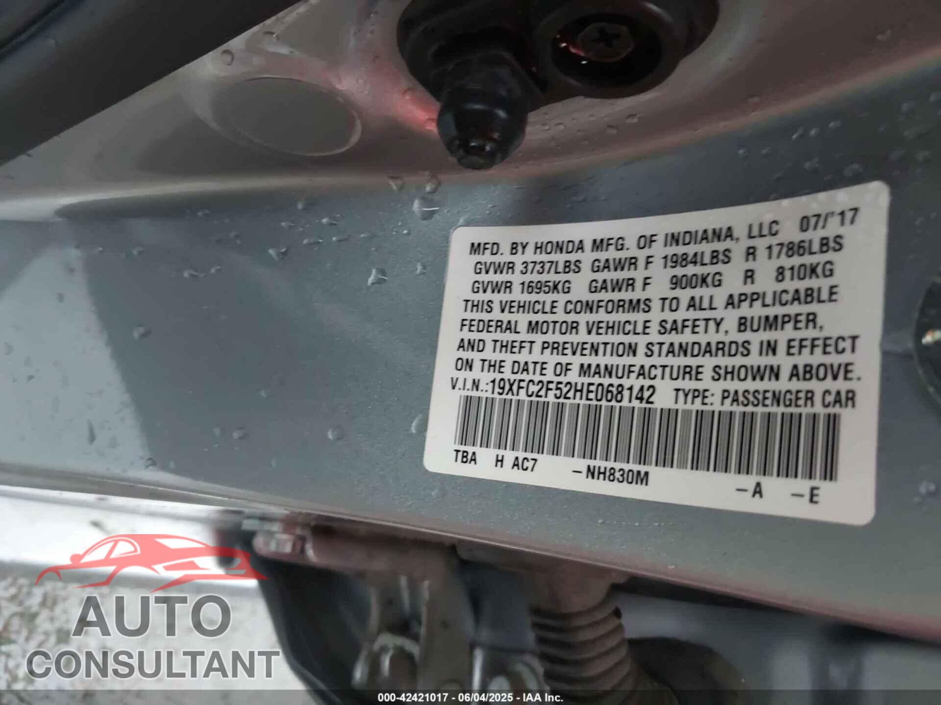 HONDA CIVIC 2017 - 19XFC2F52HE068142