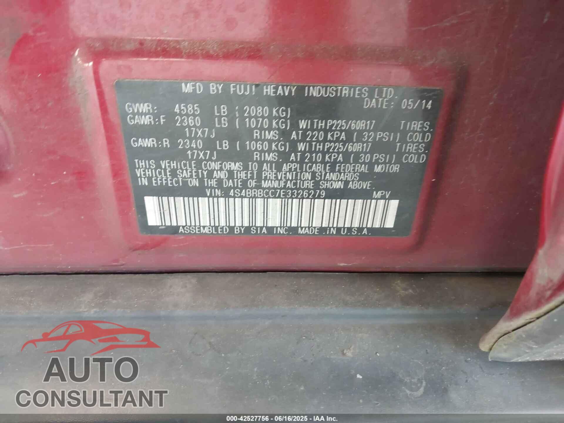 SUBARU OUTBACK 2014 - 4S4BRBCC7E3326279