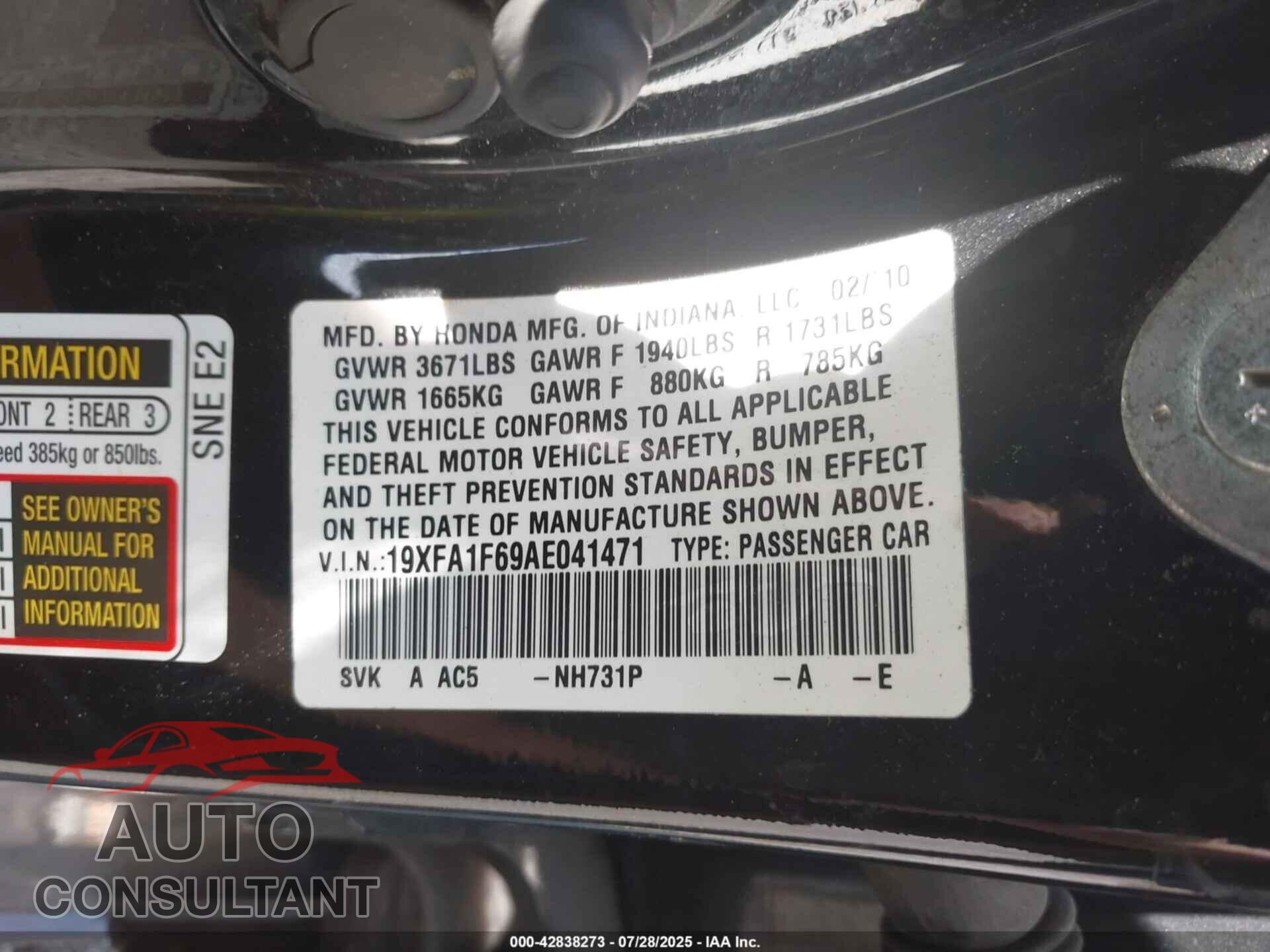 HONDA CIVIC 2010 - 19XFA1F69AE041471