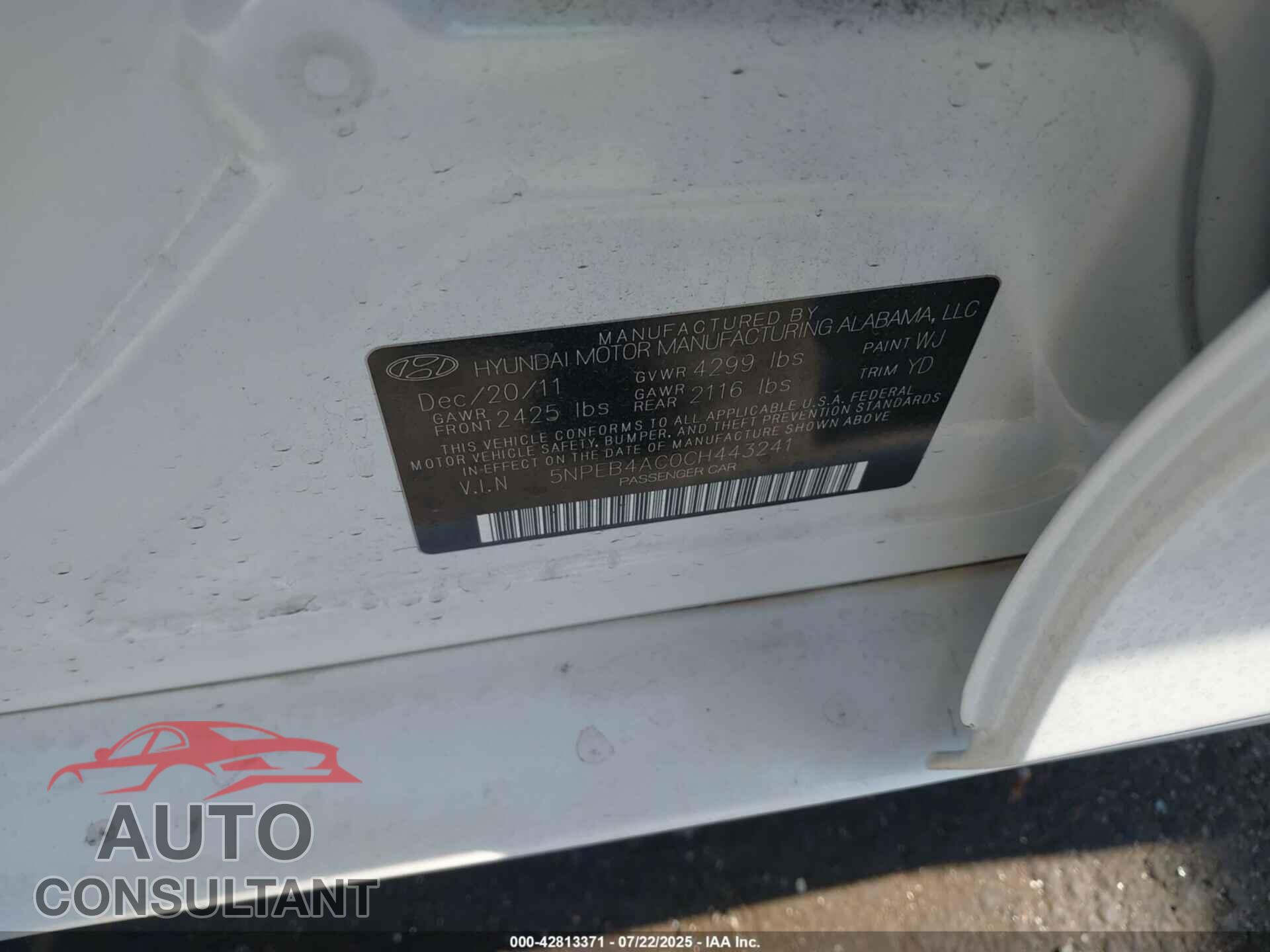 HYUNDAI SONATA 2012 - 5NPEB4AC0CH443241