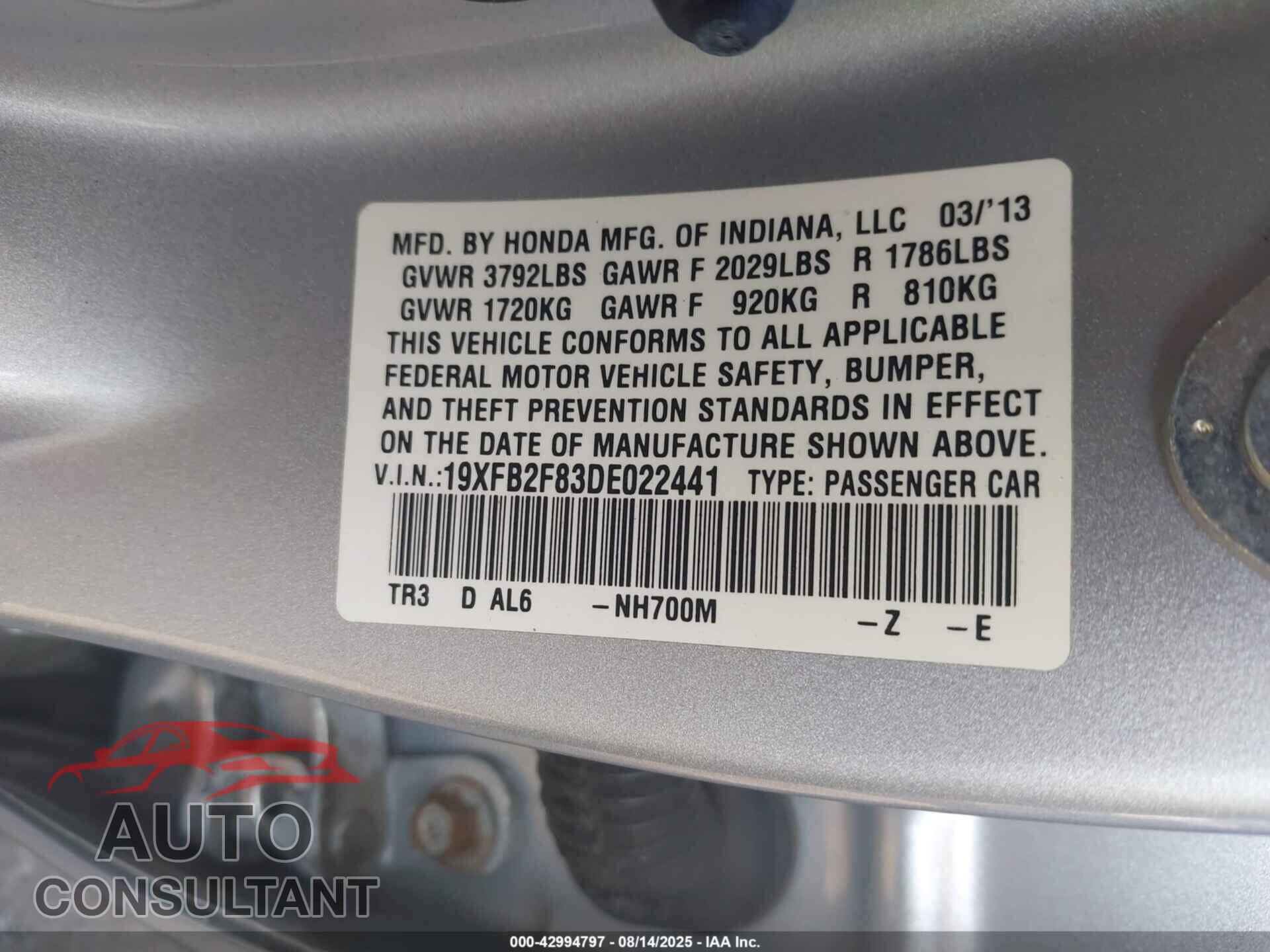 HONDA CIVIC 2013 - 19XFB2F83DE022441