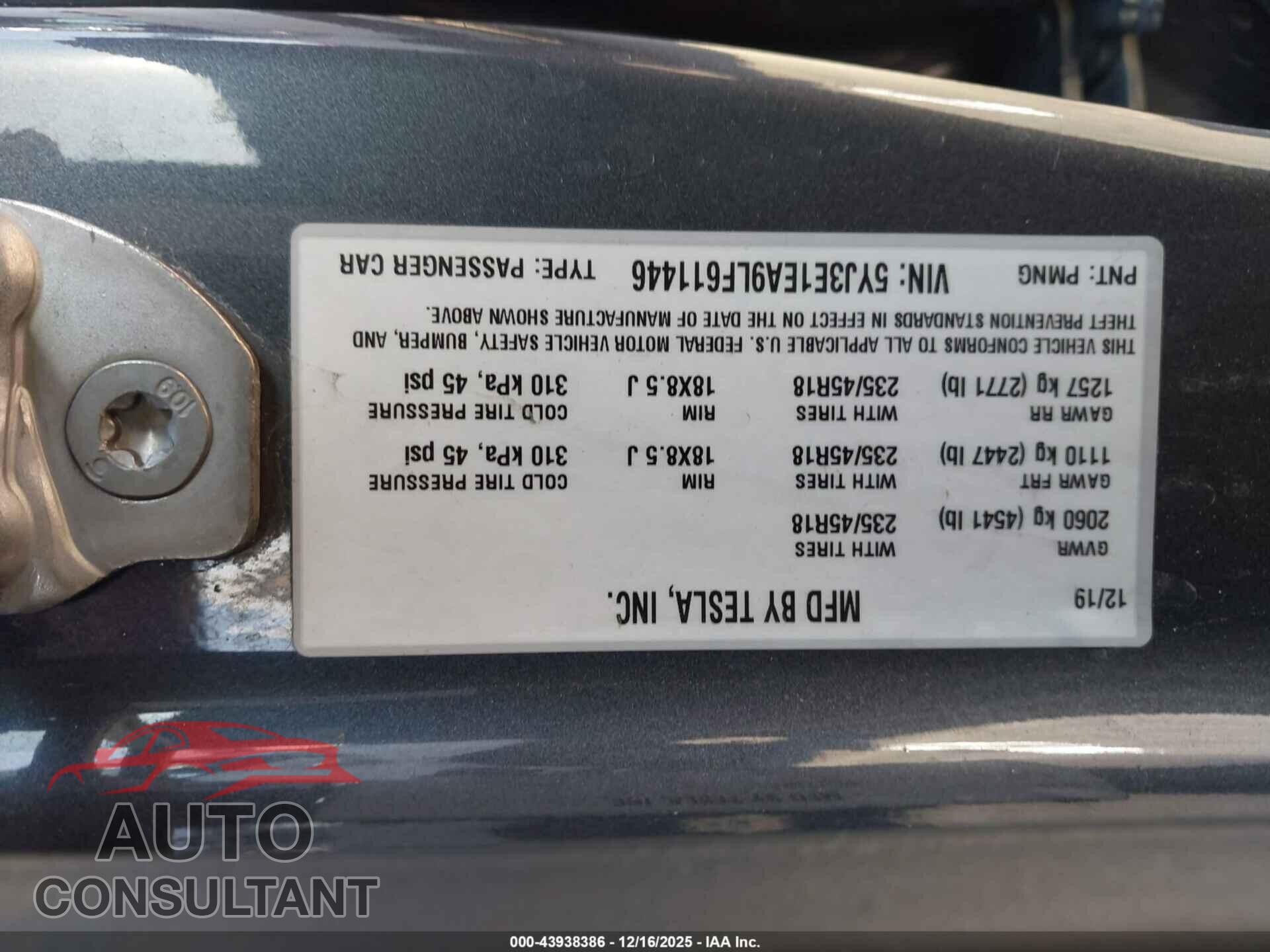 TESLA MODEL 3 2020 - 5YJ3E1EA9LF611446