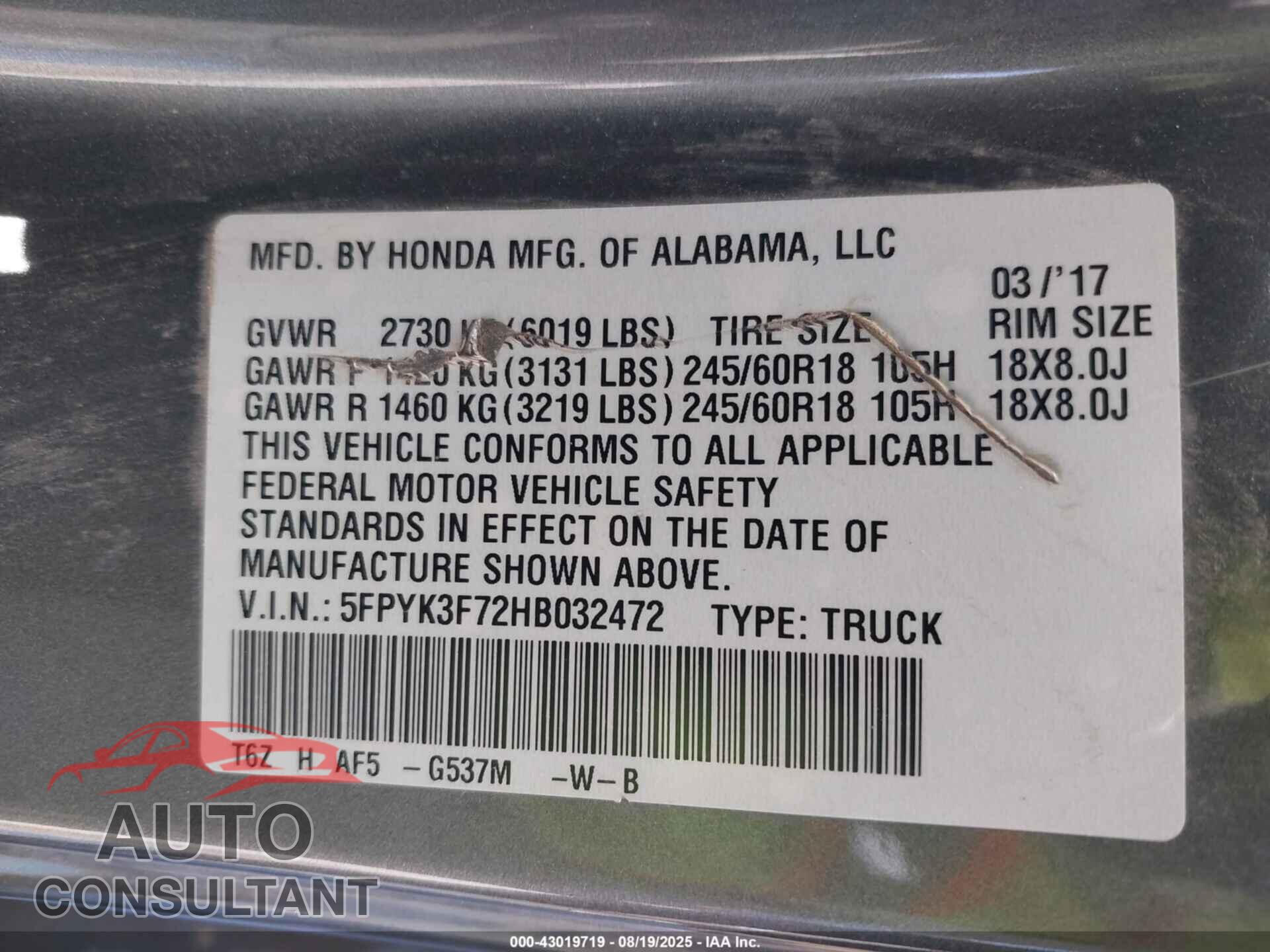 HONDA RIDGELINE 2017 - 5FPYK3F72HB032472
