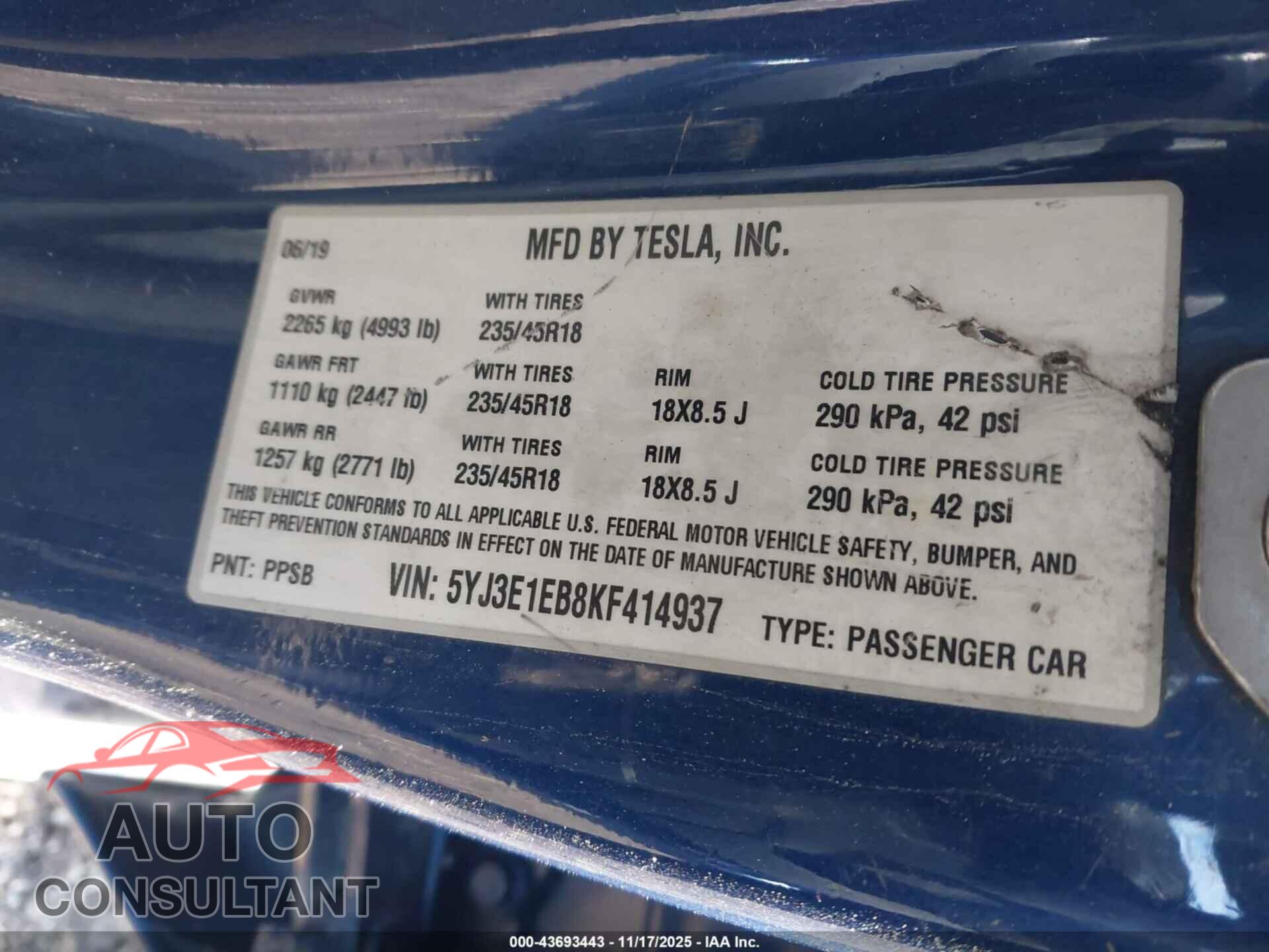 TESLA MODEL 3 2019 - 5YJ3E1EB8KF414937