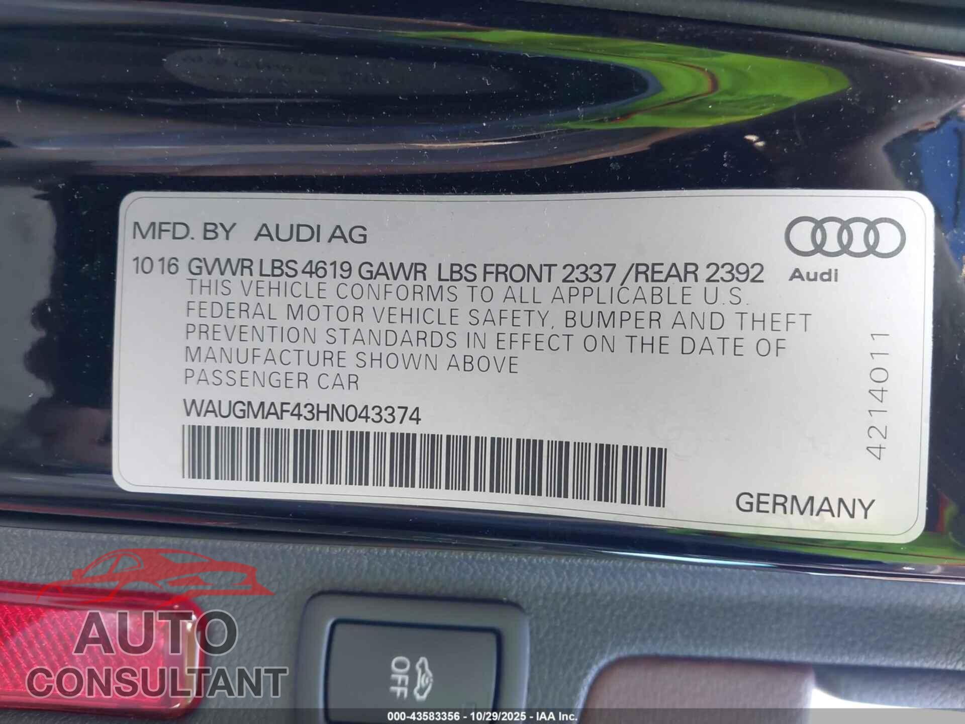 AUDI A4 2017 - WAUGMAF43HN043374
