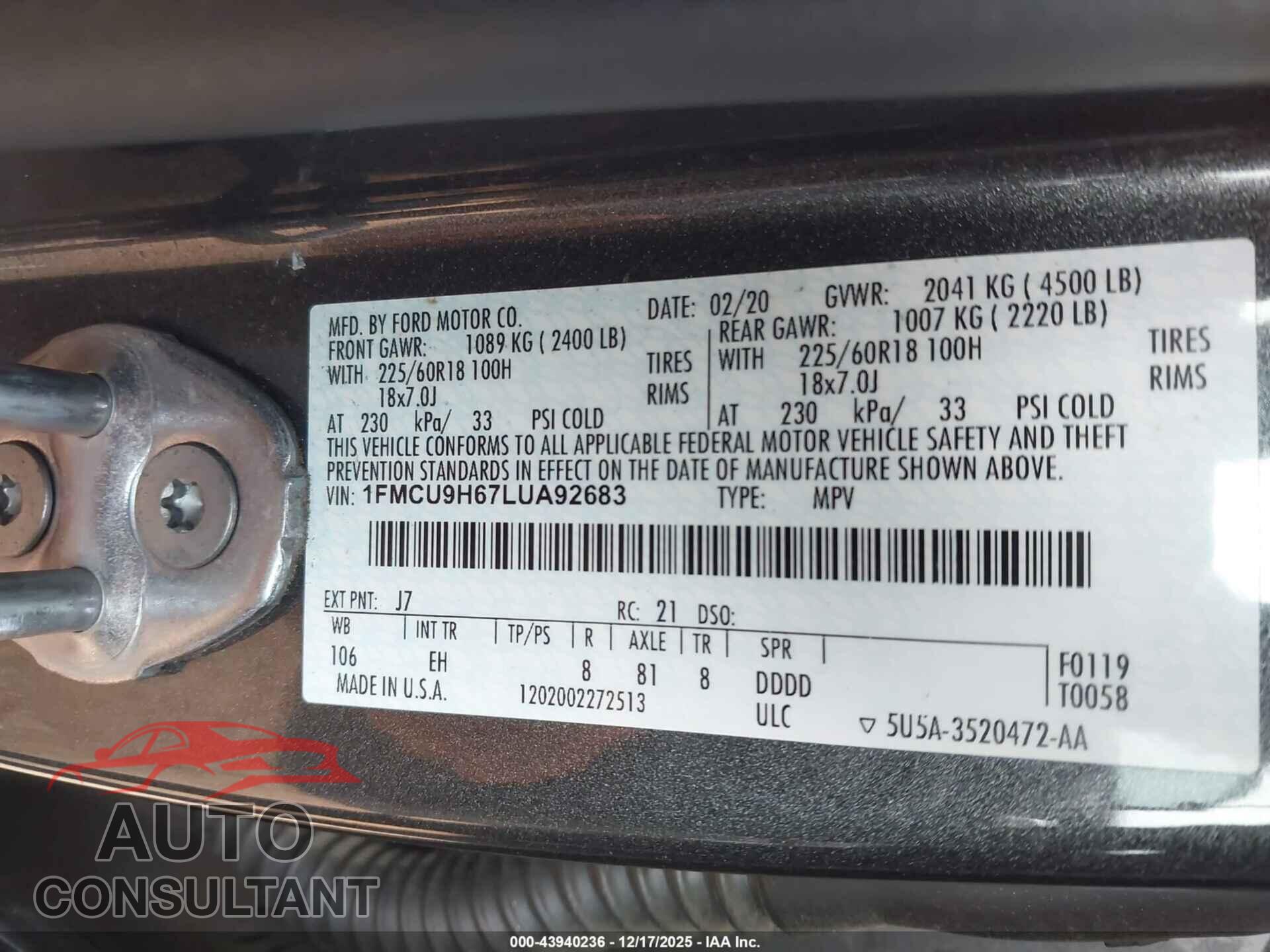 FORD ESCAPE 2020 - 1FMCU9H67LUA92683