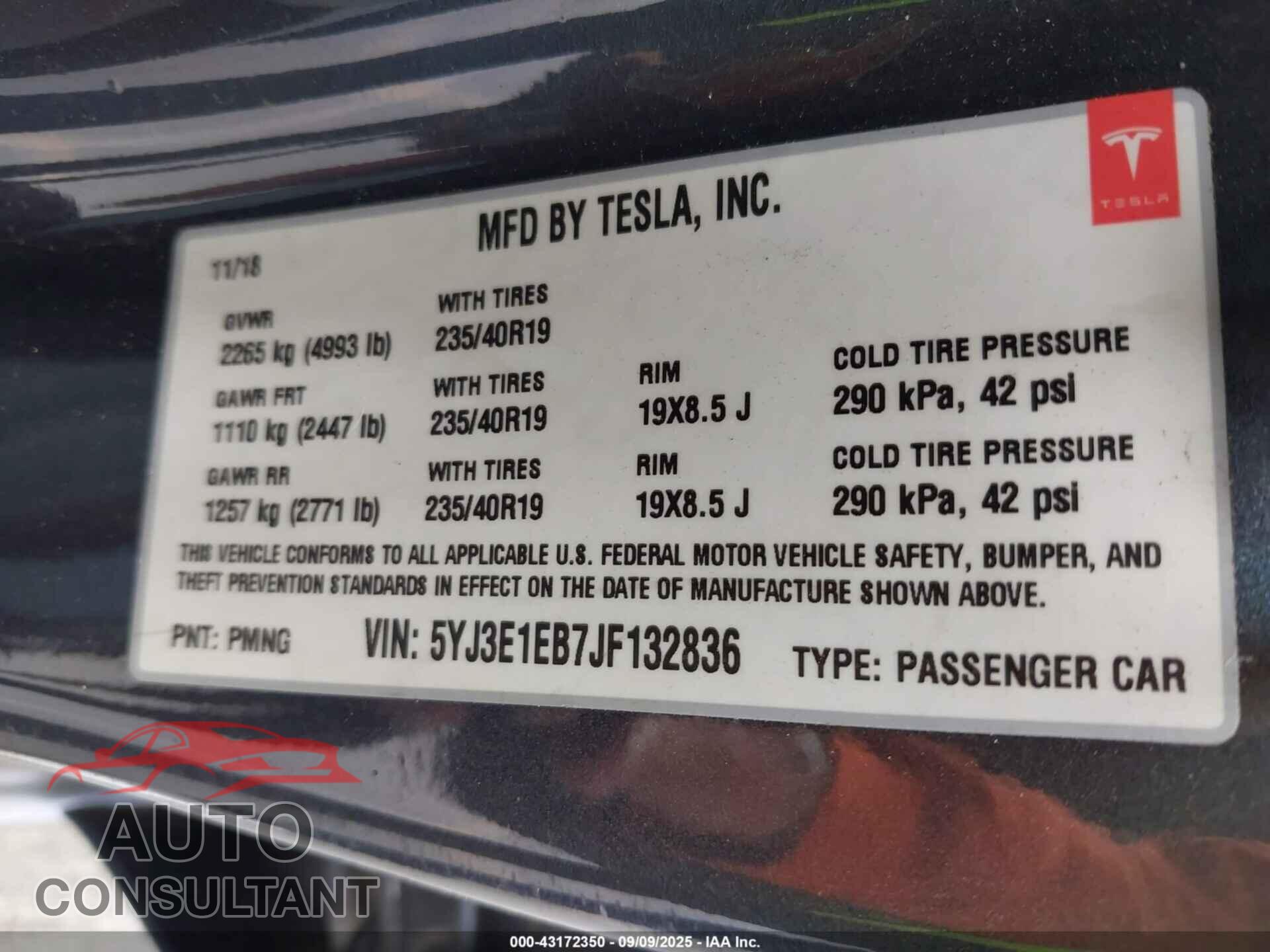 TESLA MODEL 3 2018 - 5YJ3E1EB7JF132836
