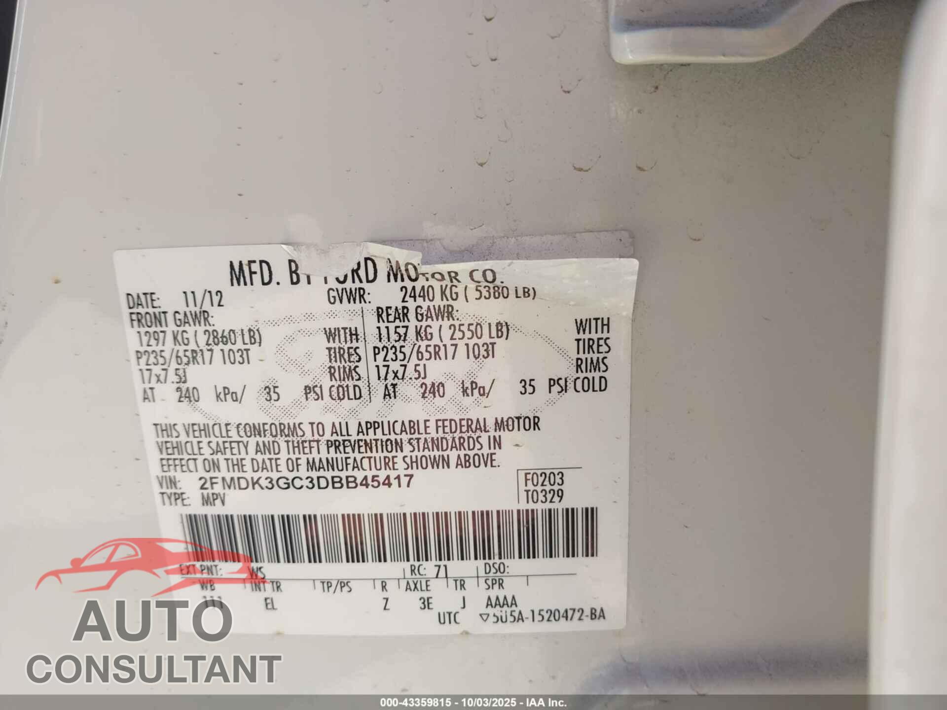 FORD EDGE 2013 - 2FMDK3GC3DBB45417