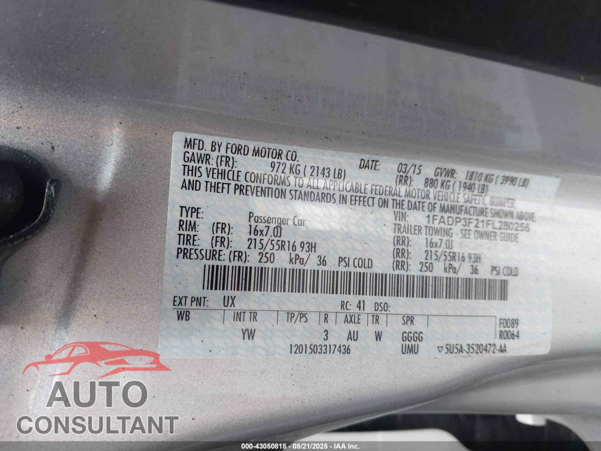 FORD FOCUS 2015 - 1FADP3F21FL280256