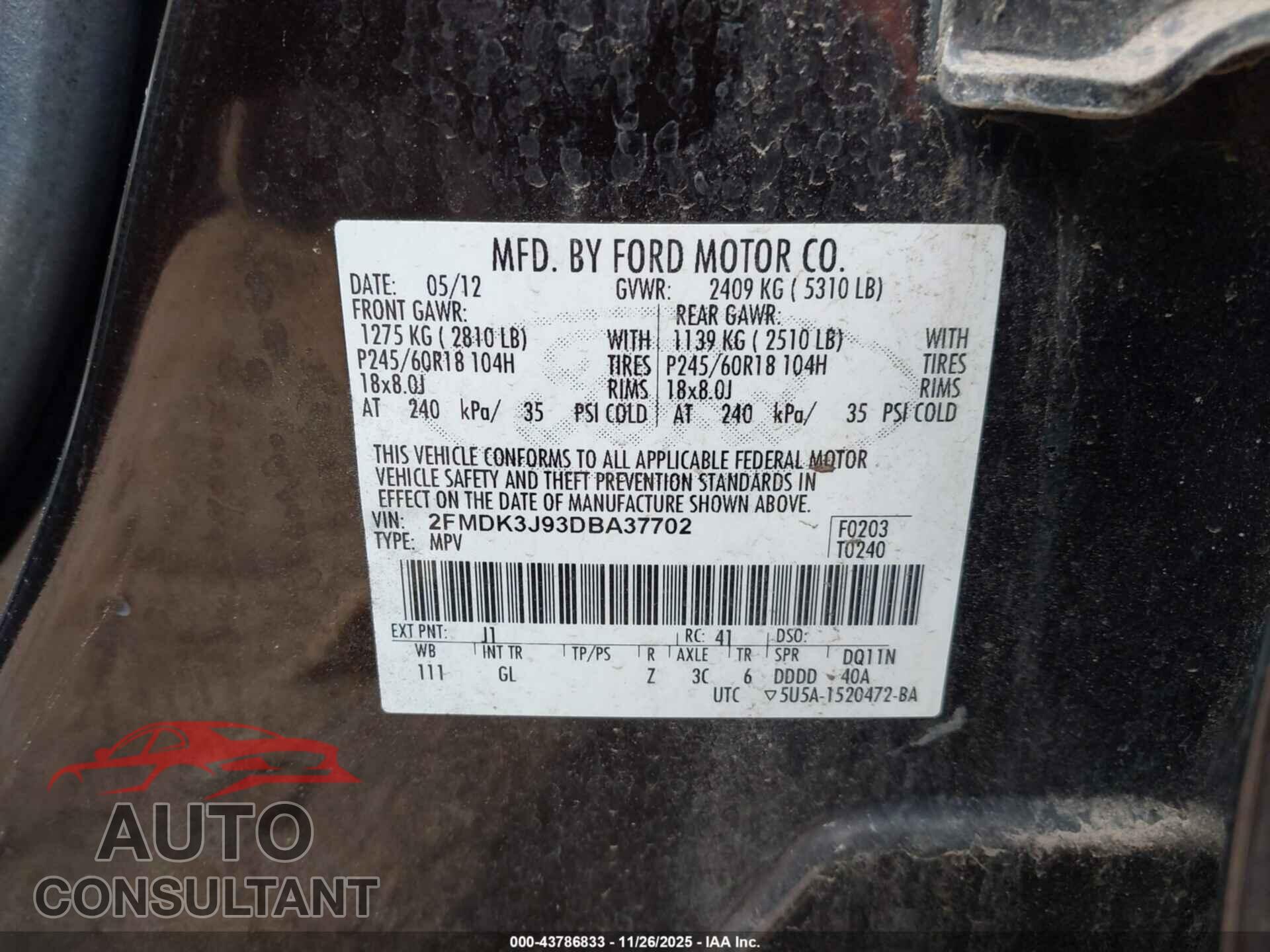 FORD EDGE 2013 - 2FMDK3J93DBA37702