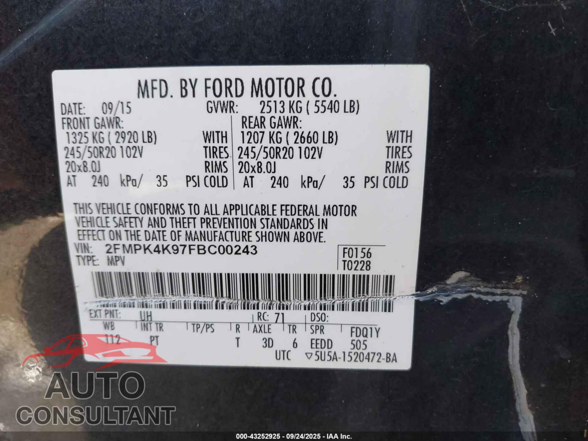 FORD EDGE 2015 - 2FMPK4K97FBC00243