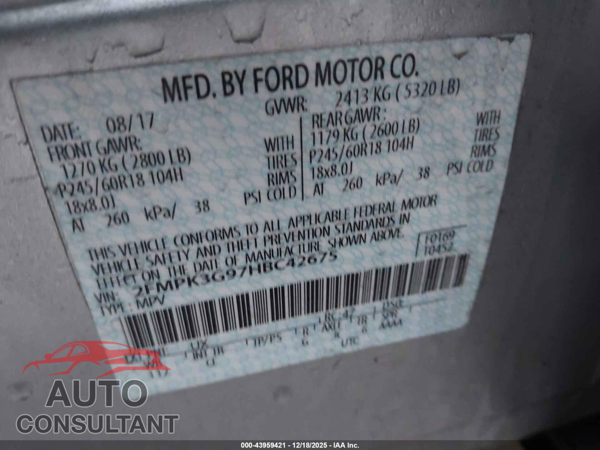 FORD EDGE 2017 - 2FMPK3G97HBC42675