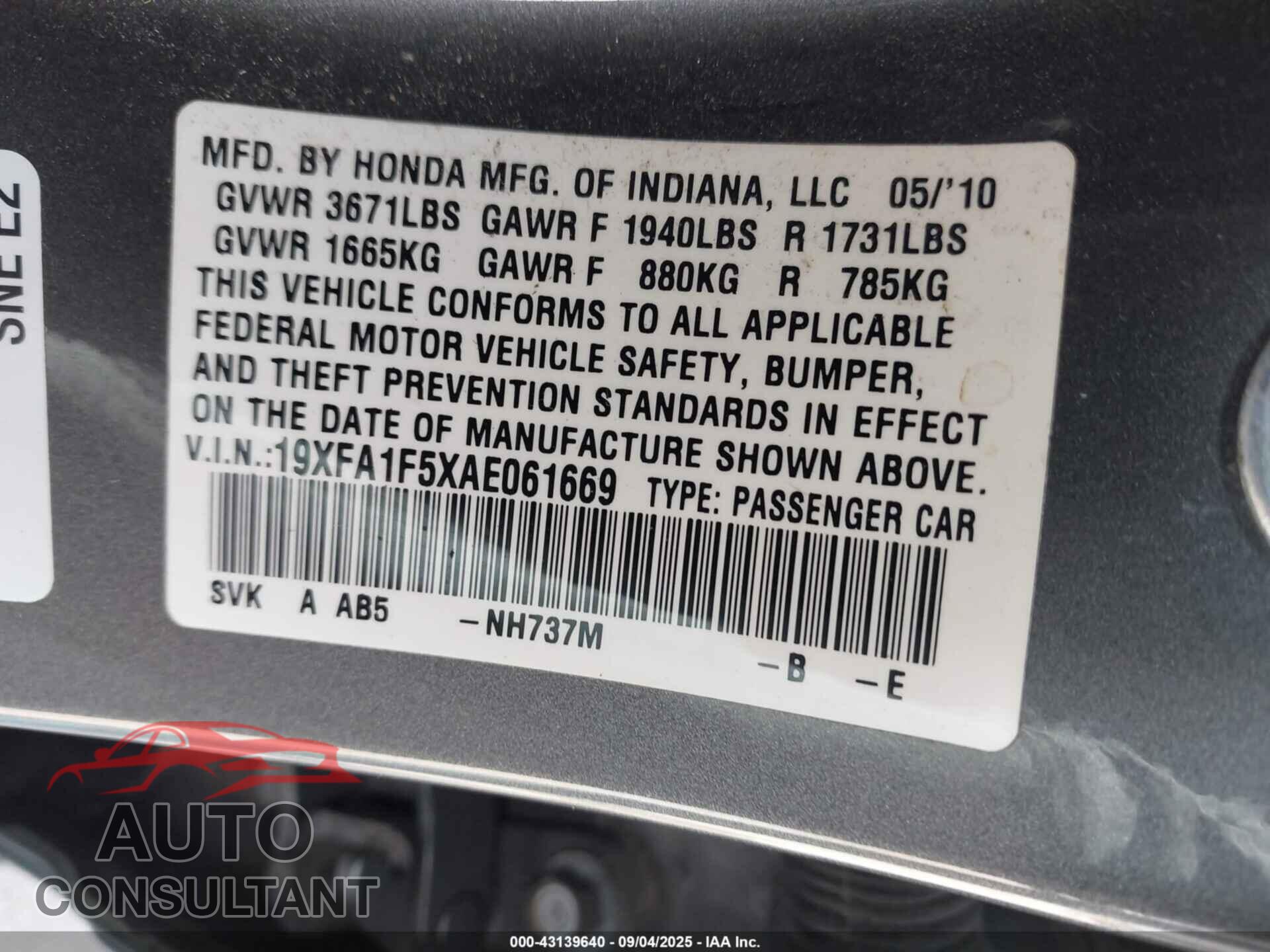 HONDA CIVIC 2010 - 19XFA1F5XAE061669