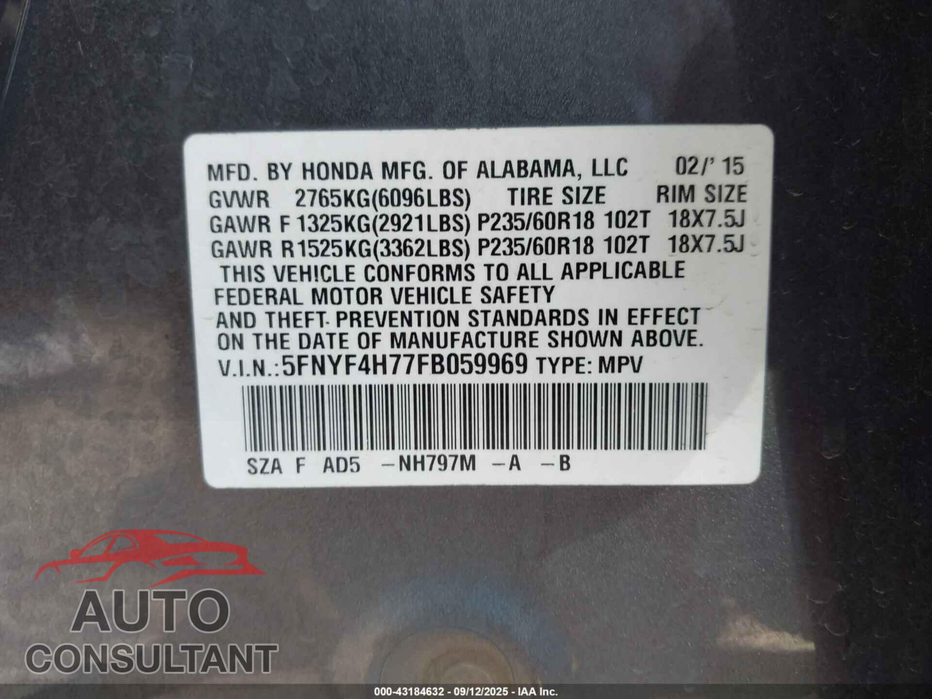 HONDA PILOT 2015 - 5FNYF4H77FB059969