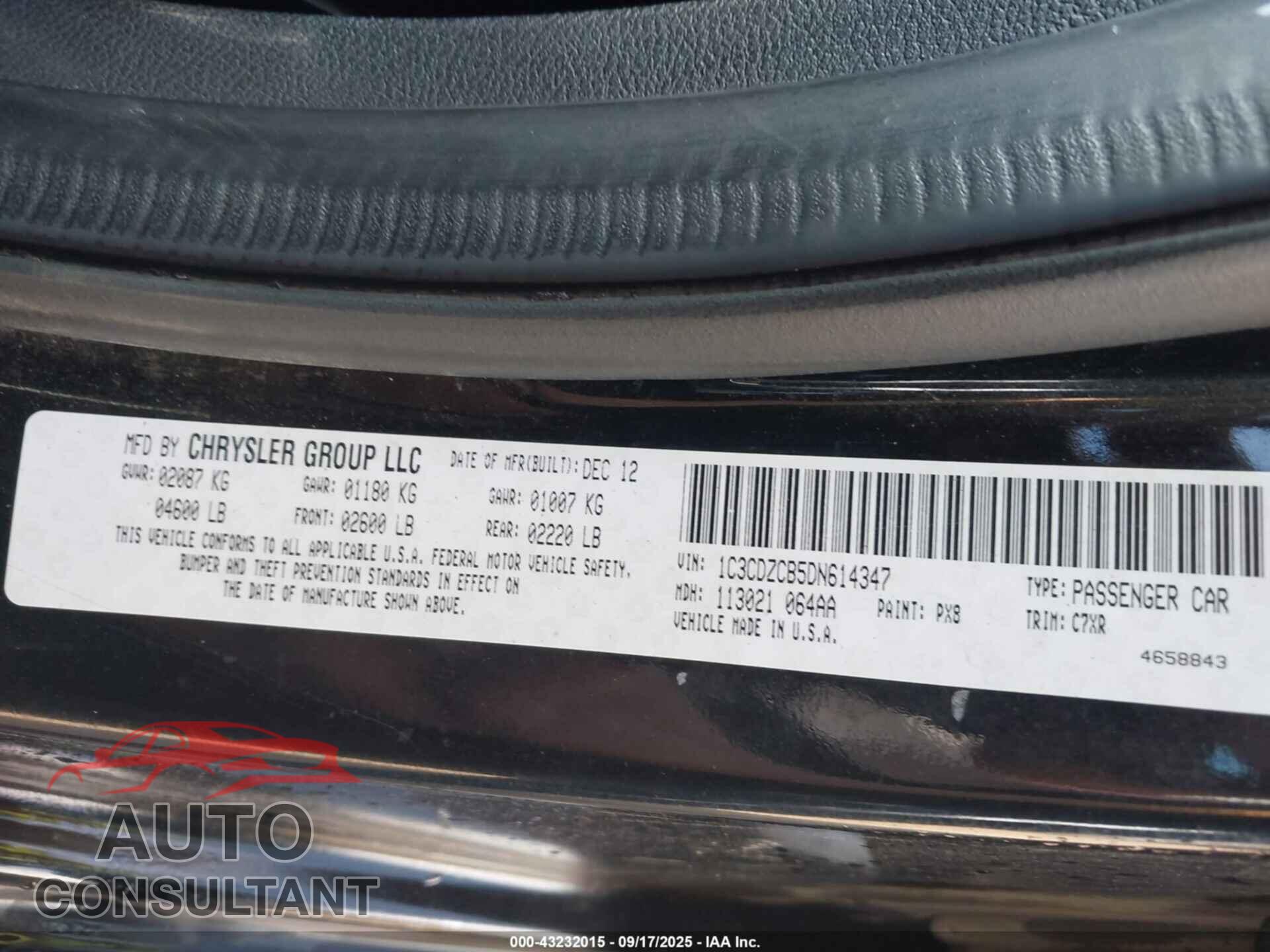 DODGE AVENGER 2013 - 1C3CDZCB5DN614347
