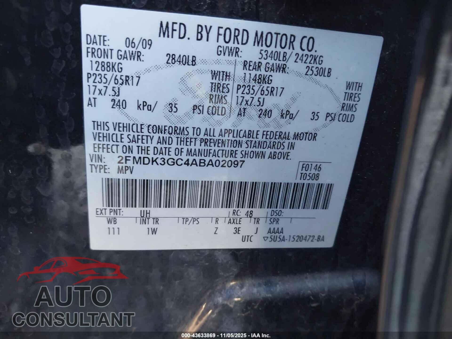 FORD EDGE 2010 - 2FMDK3GC4ABA02097