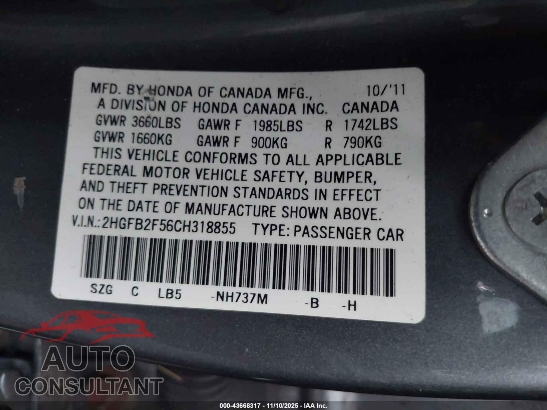 HONDA CIVIC 2012 - 2HGFB2F56CH318855