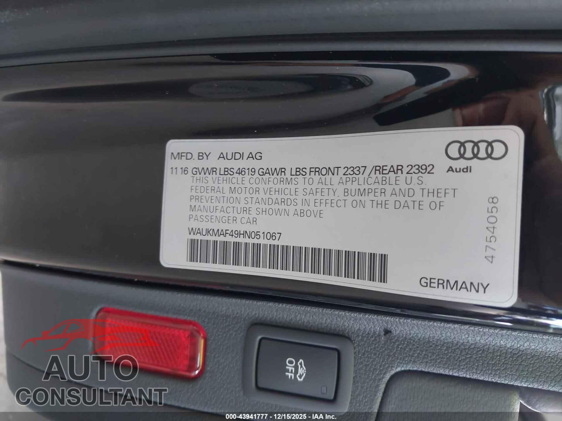 AUDI A4 2017 - WAUKMAF49HN051067