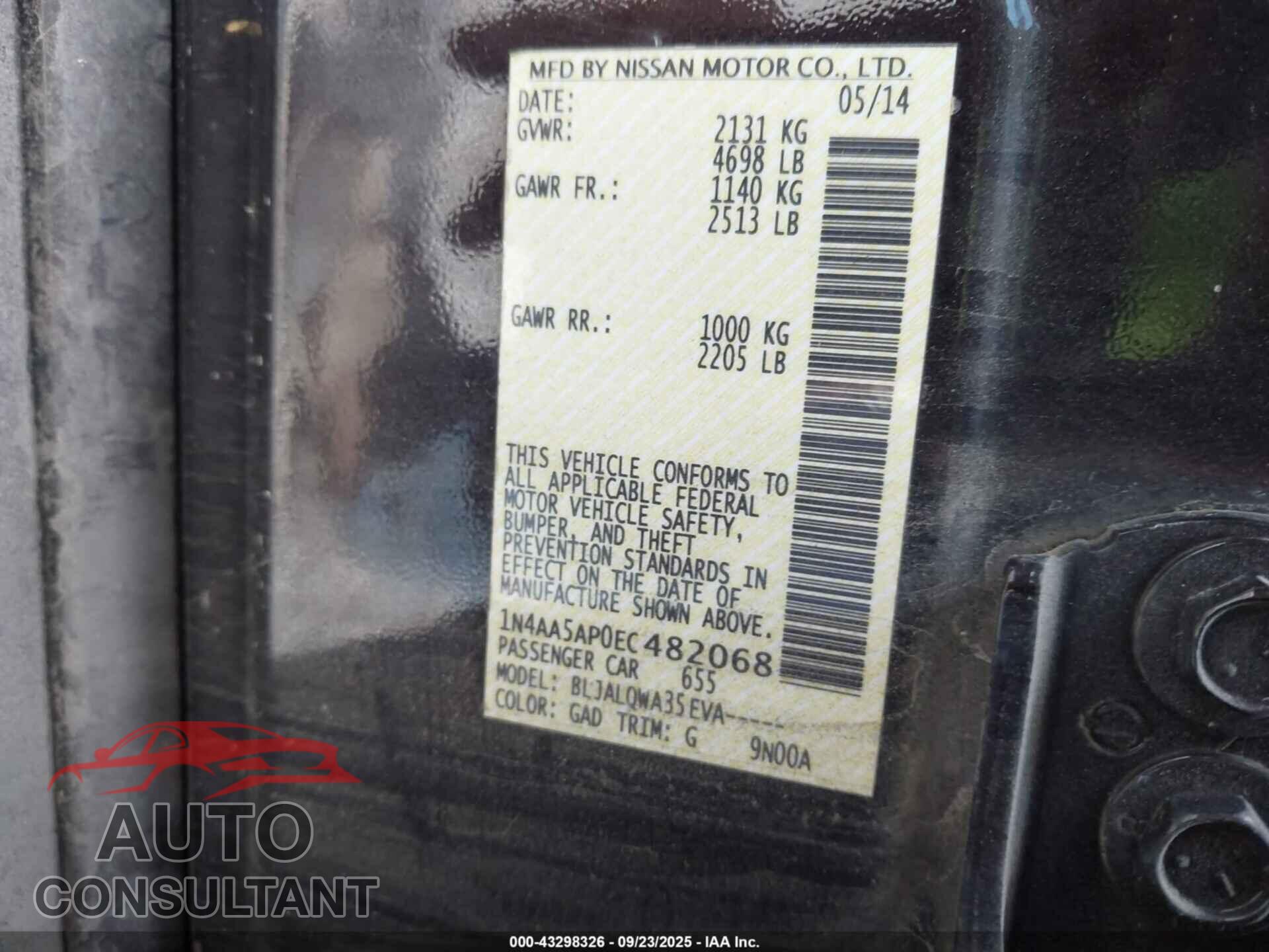 NISSAN MAXIMA 2014 - 1N4AA5AP0EC482068