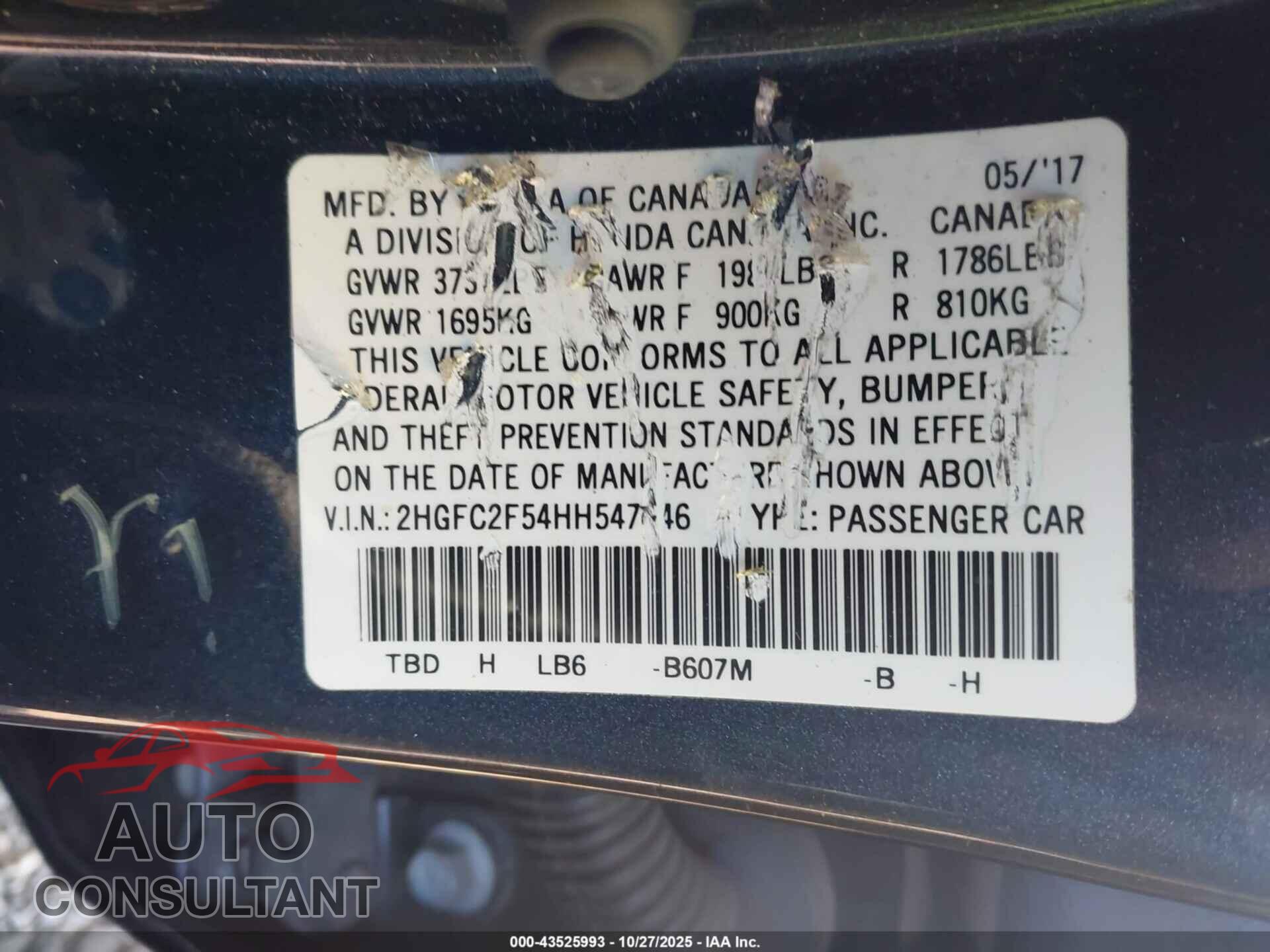HONDA CIVIC 2017 - 2HGFC2F54HH547846