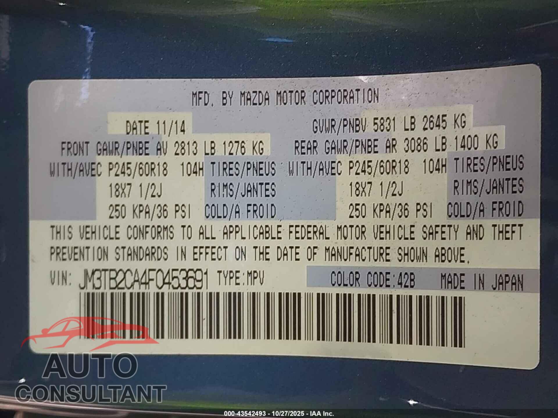 MAZDA CX-9 2015 - JM3TB2CA4F0453691