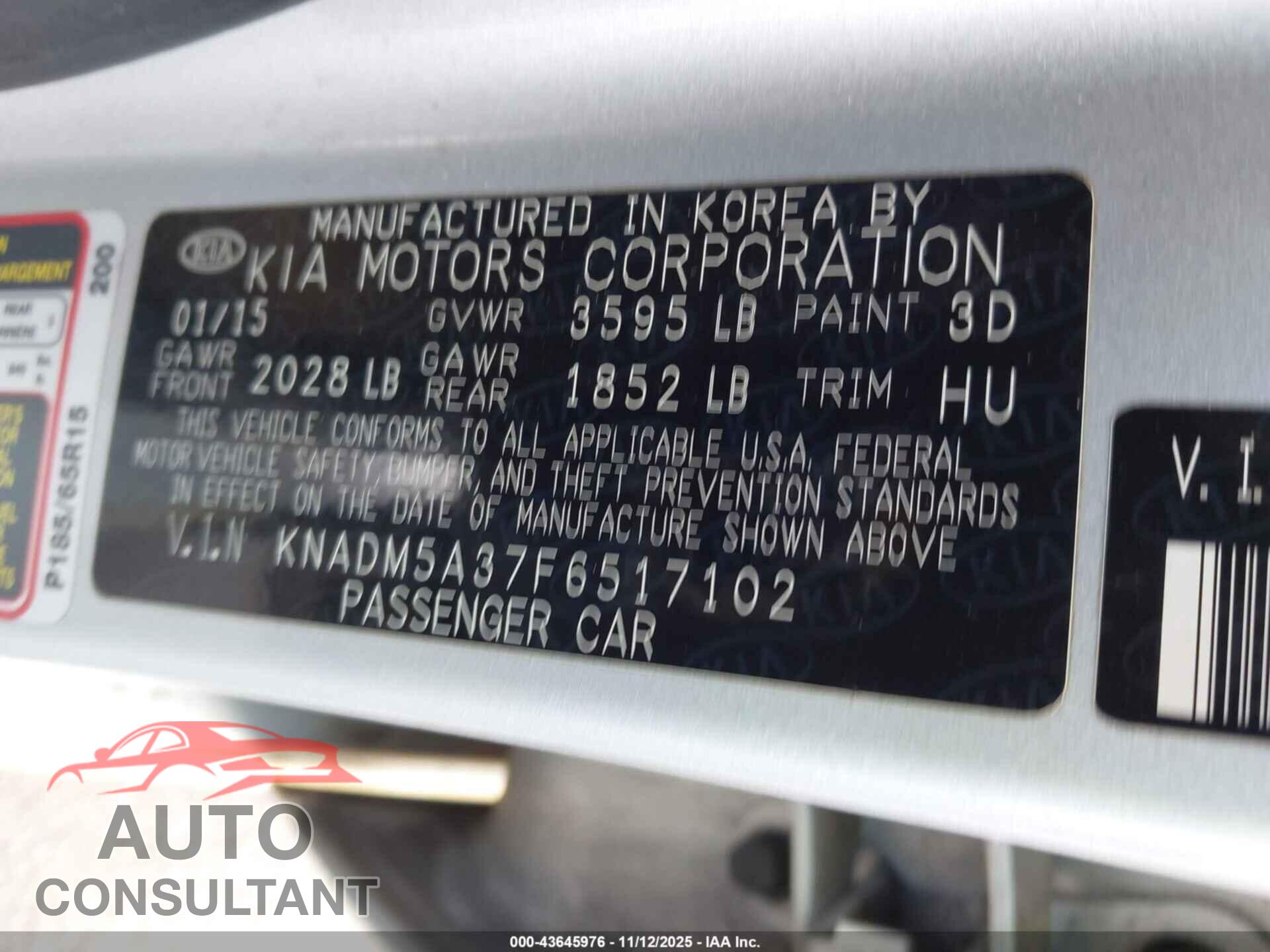 KIA RIO 2015 - KNADM5A37F6517102