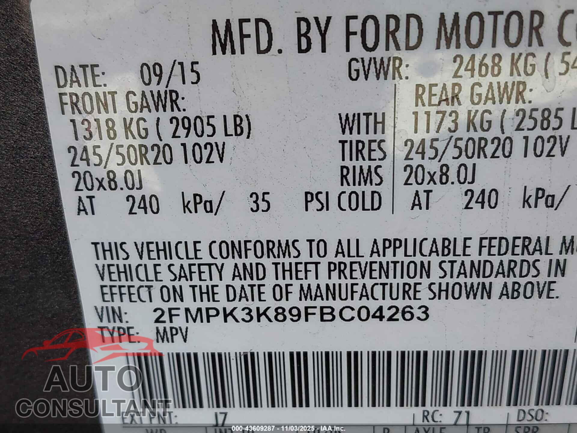 FORD EDGE 2015 - 2FMPK3K89FBC04263