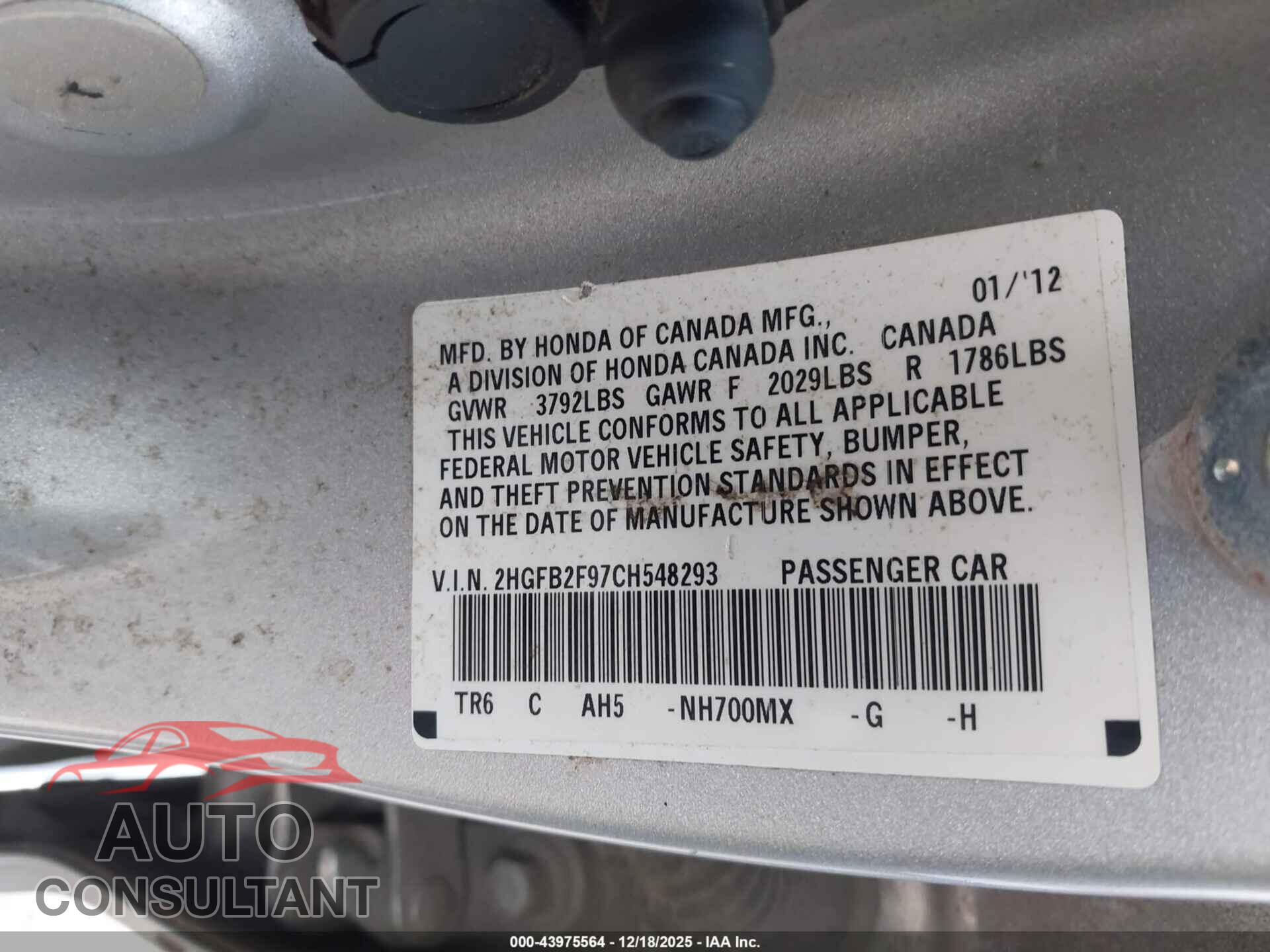 HONDA CIVIC 2012 - 2HGFB2F97CH548293