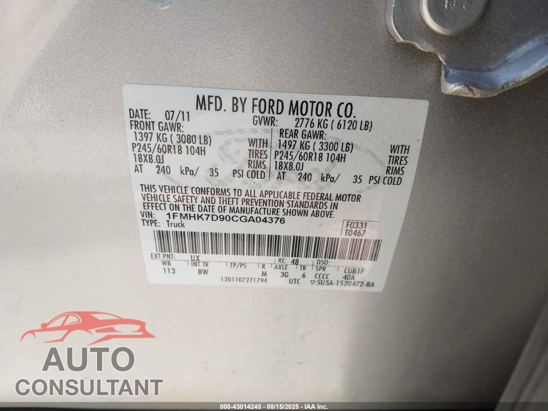 FORD EXPLORER 2012 - 1FMHK7D90CGA04376