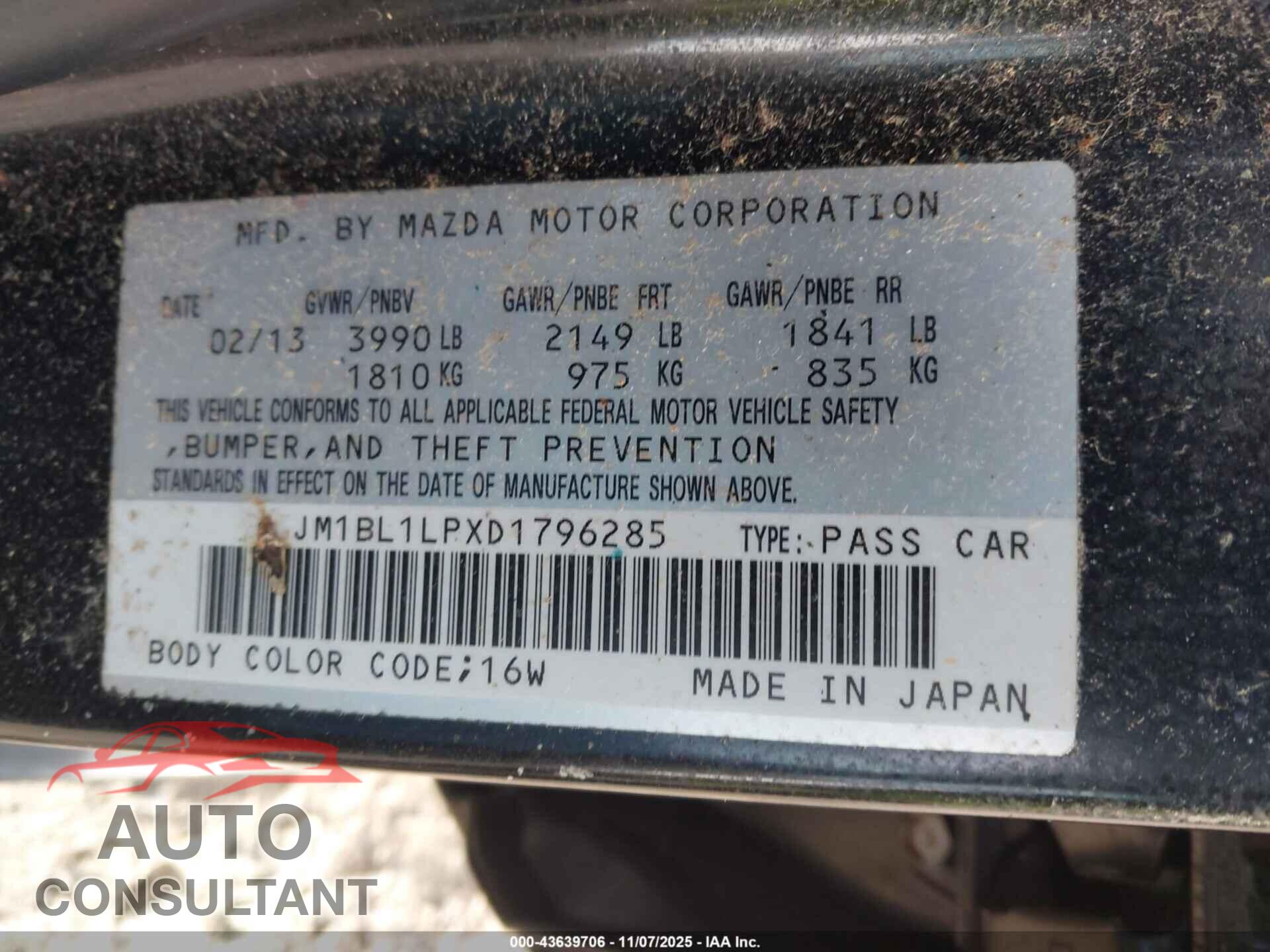 MAZDA MAZDA3 2013 - JM1BL1LPXD1796285