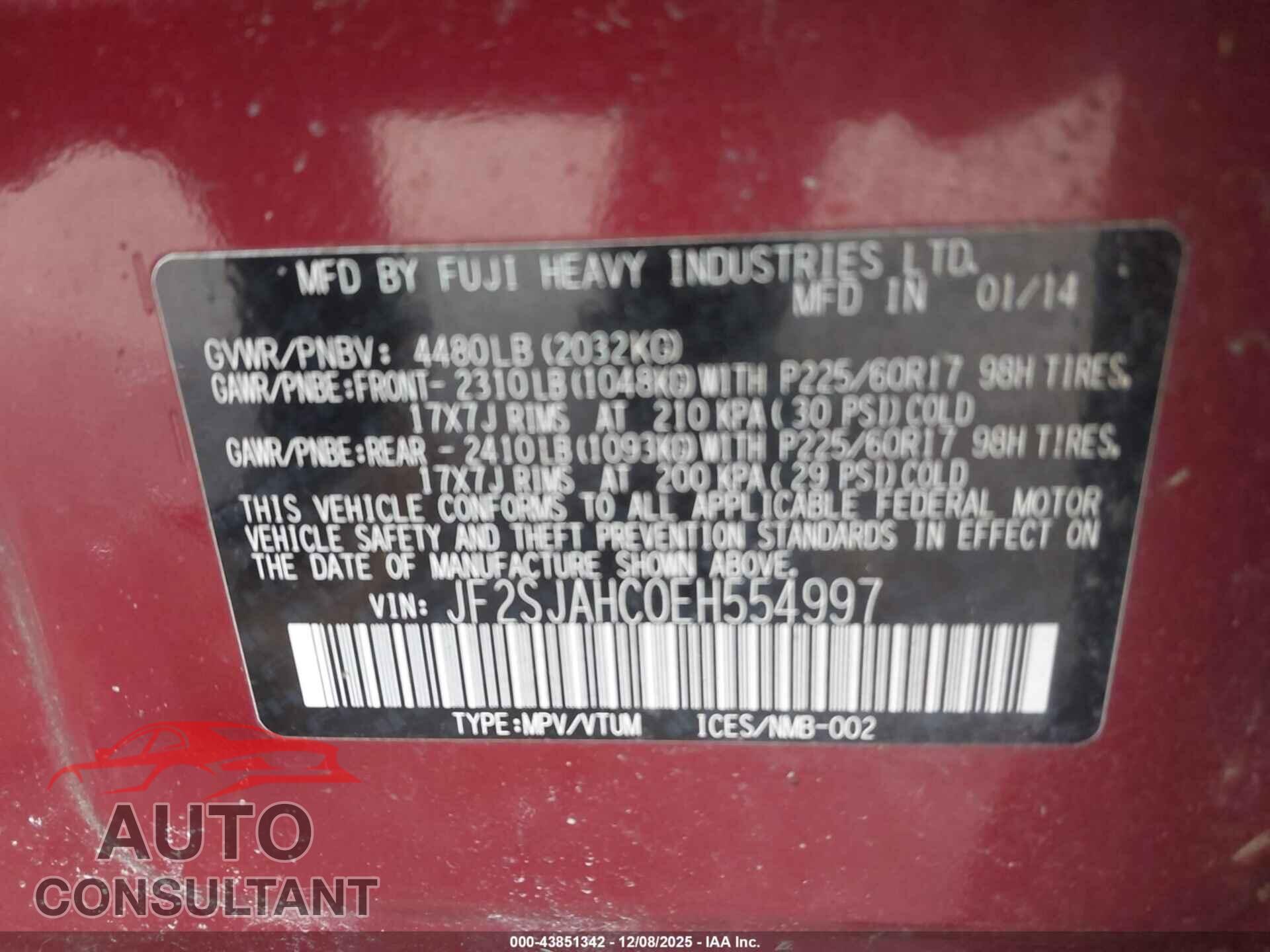 SUBARU FORESTER 2014 - JF2SJAHC0EH554997