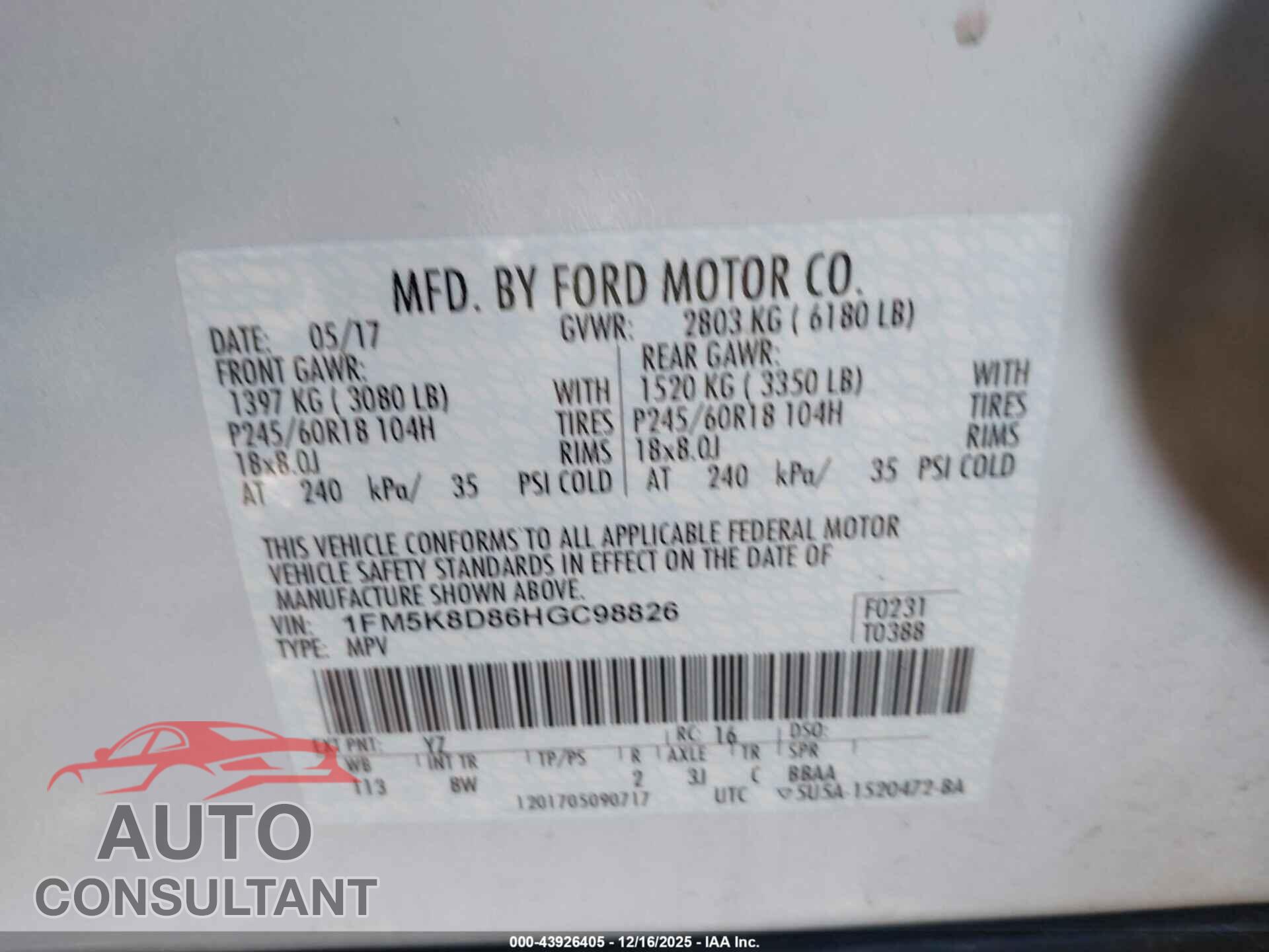 FORD EXPLORER 2017 - 1FM5K8D86HGC98826