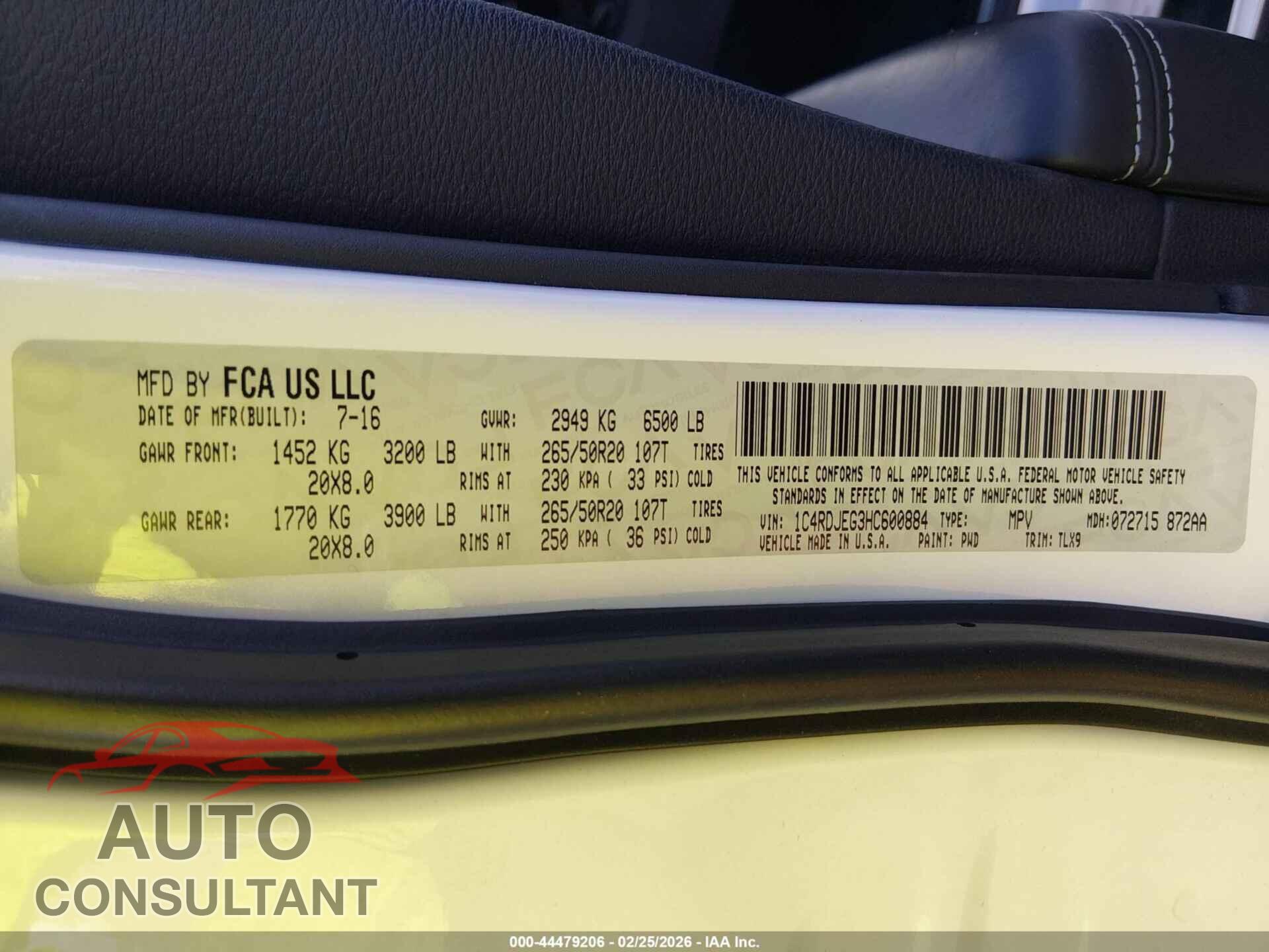 DODGE DURANGO 2017 - 1C4RDJEG3HC600884