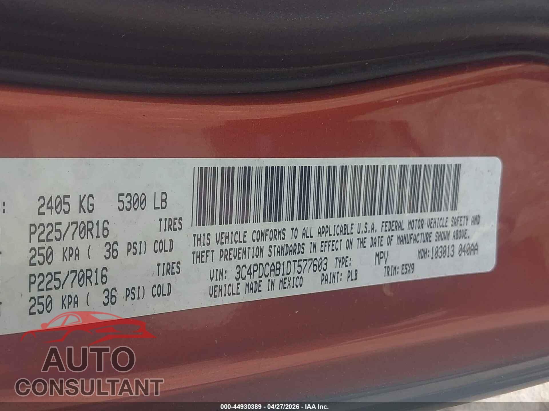 DODGE JOURNEY 2013 - 3C4PDCAB1DT577603