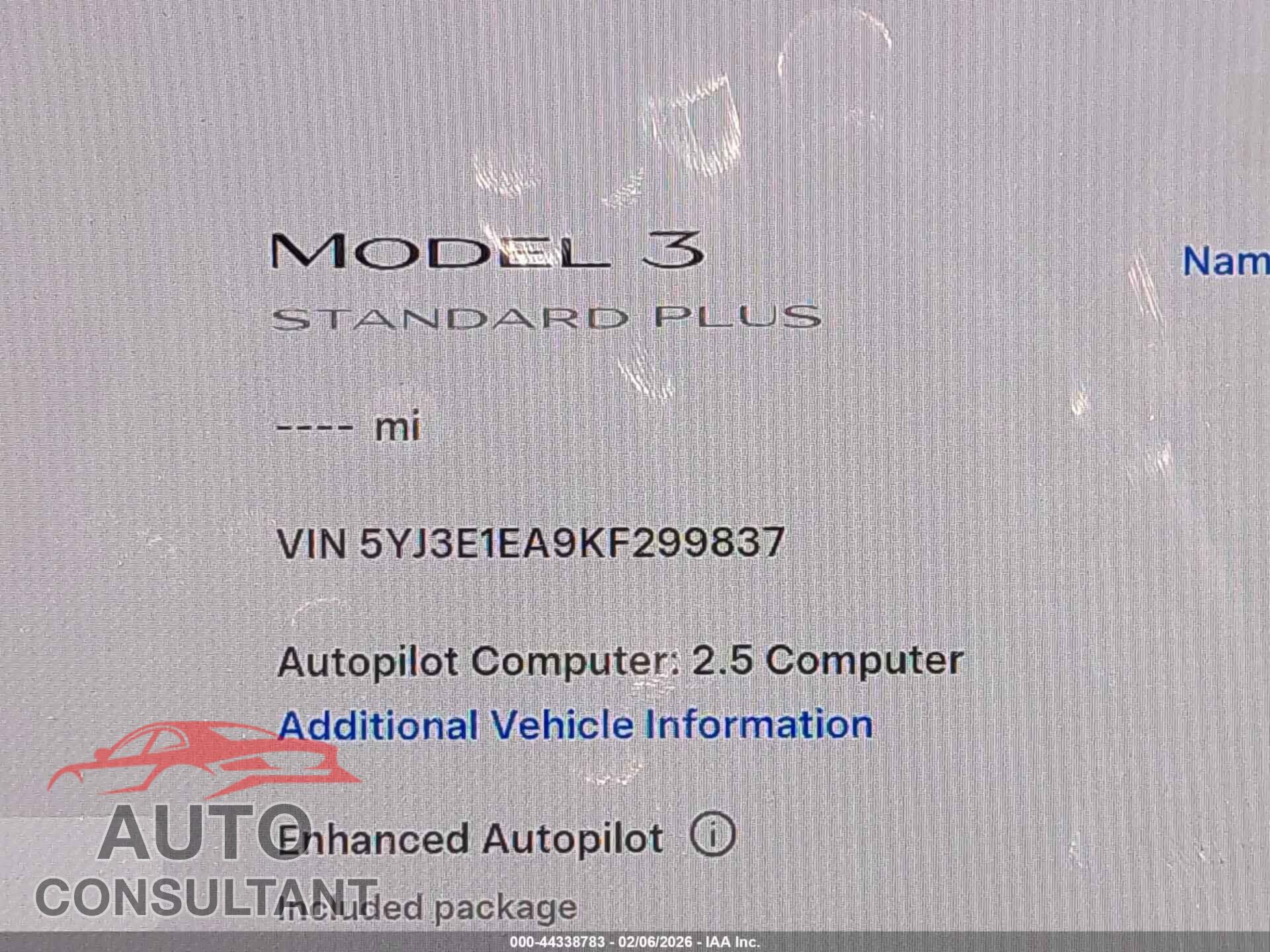 TESLA MODEL 3 2019 - 5YJ3E1EA9KF299837