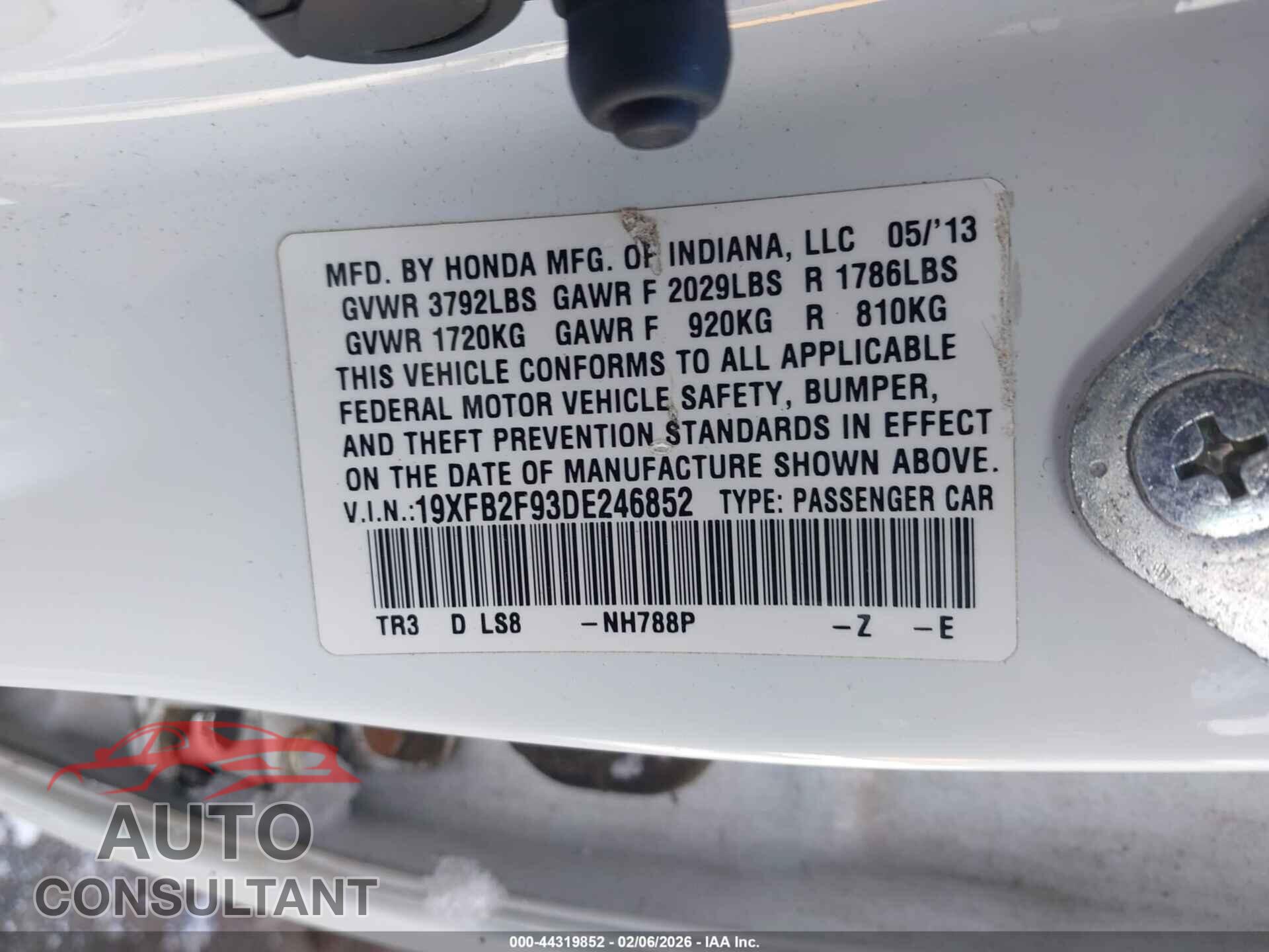 HONDA CIVIC 2013 - 19XFB2F93DE246852