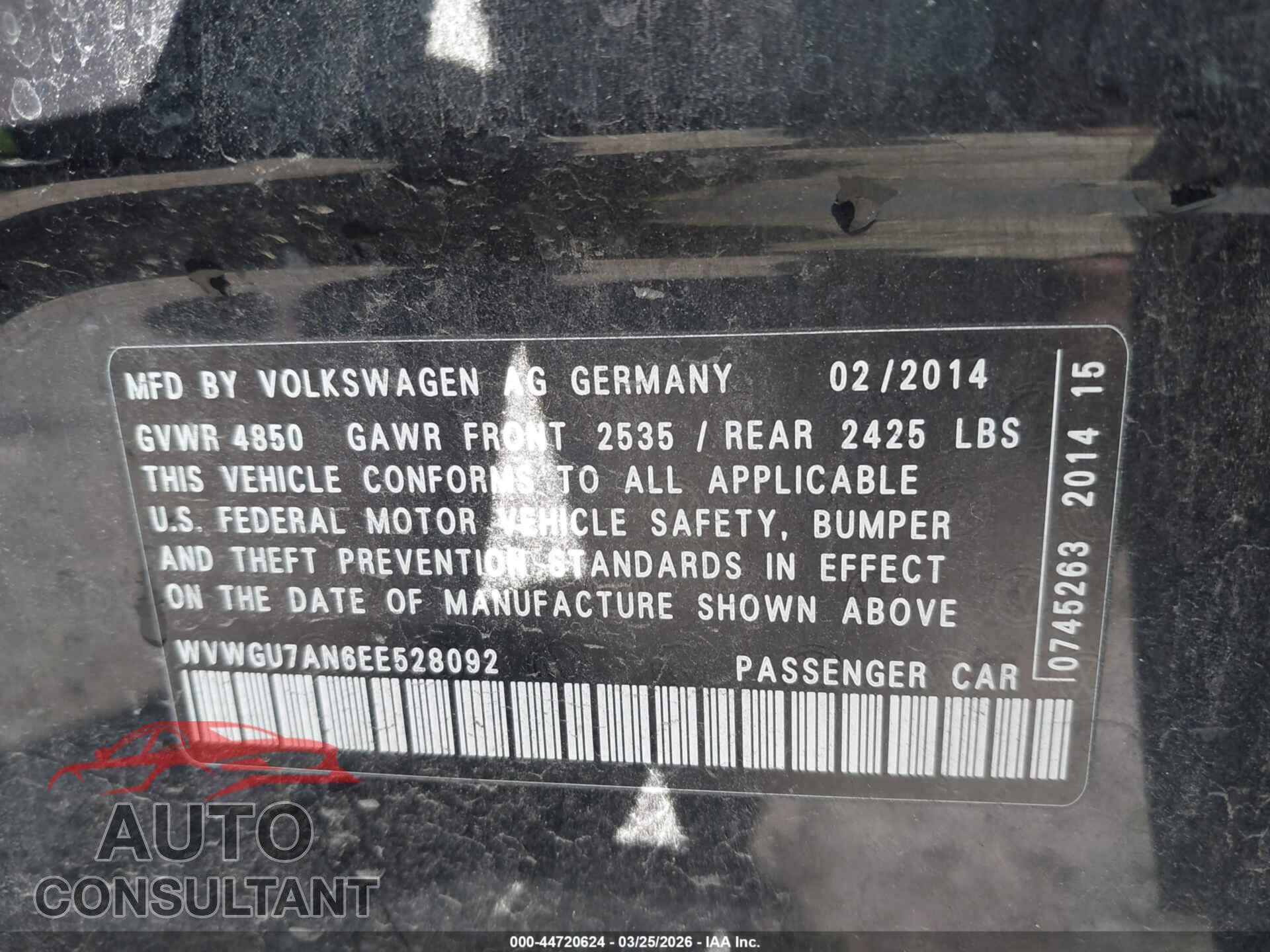 VOLKSWAGEN CC 2014 - WVWGU7AN6EE528092