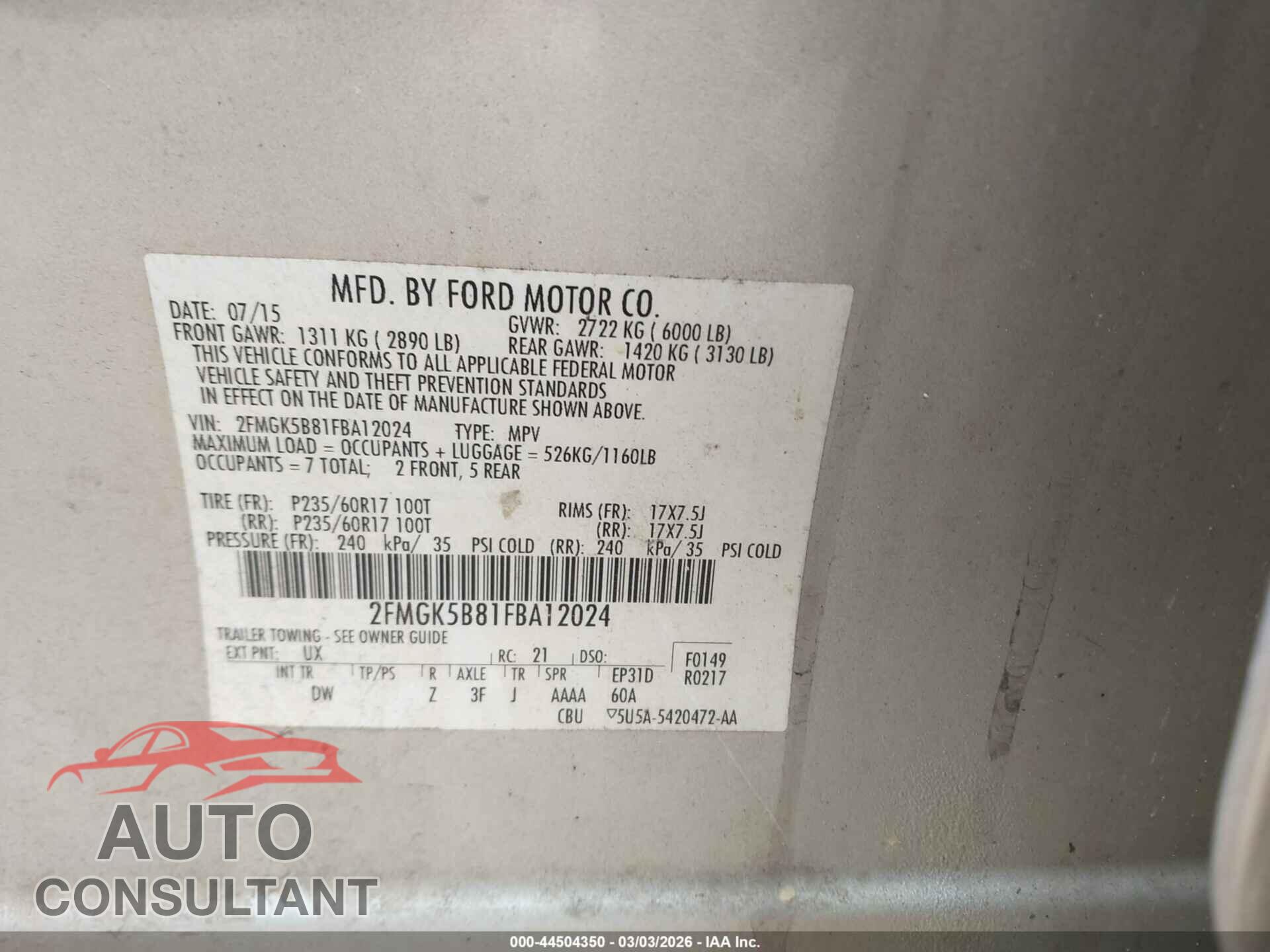 FORD FLEX 2015 - 2FMGK5B81FBA12024