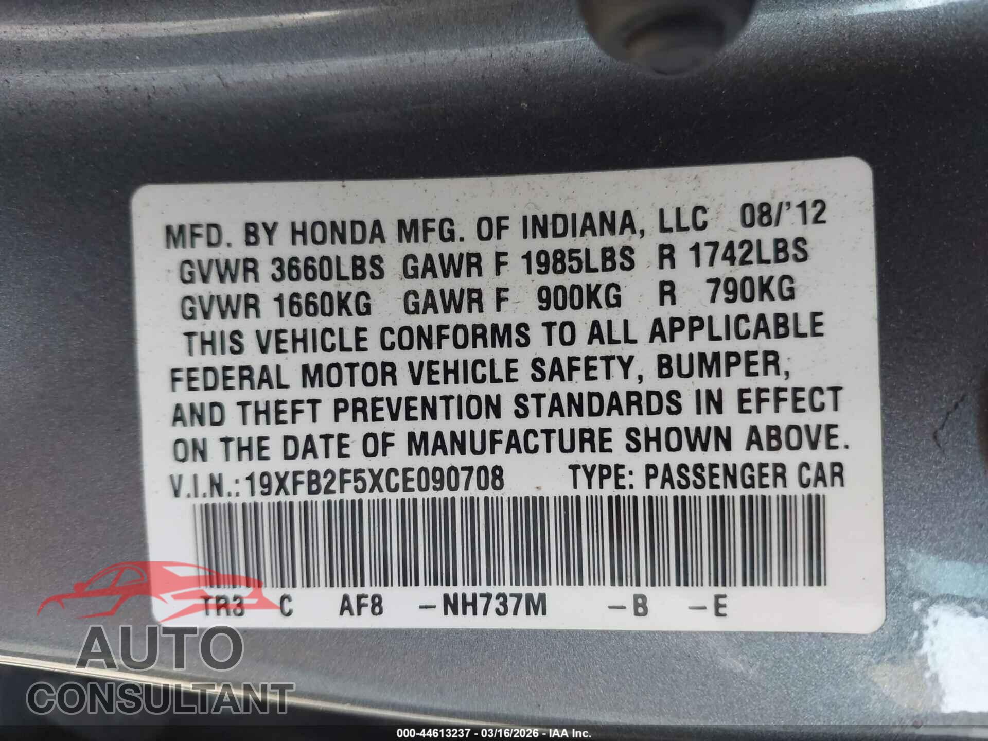 HONDA CIVIC 2012 - 19XFB2F5XCE090708